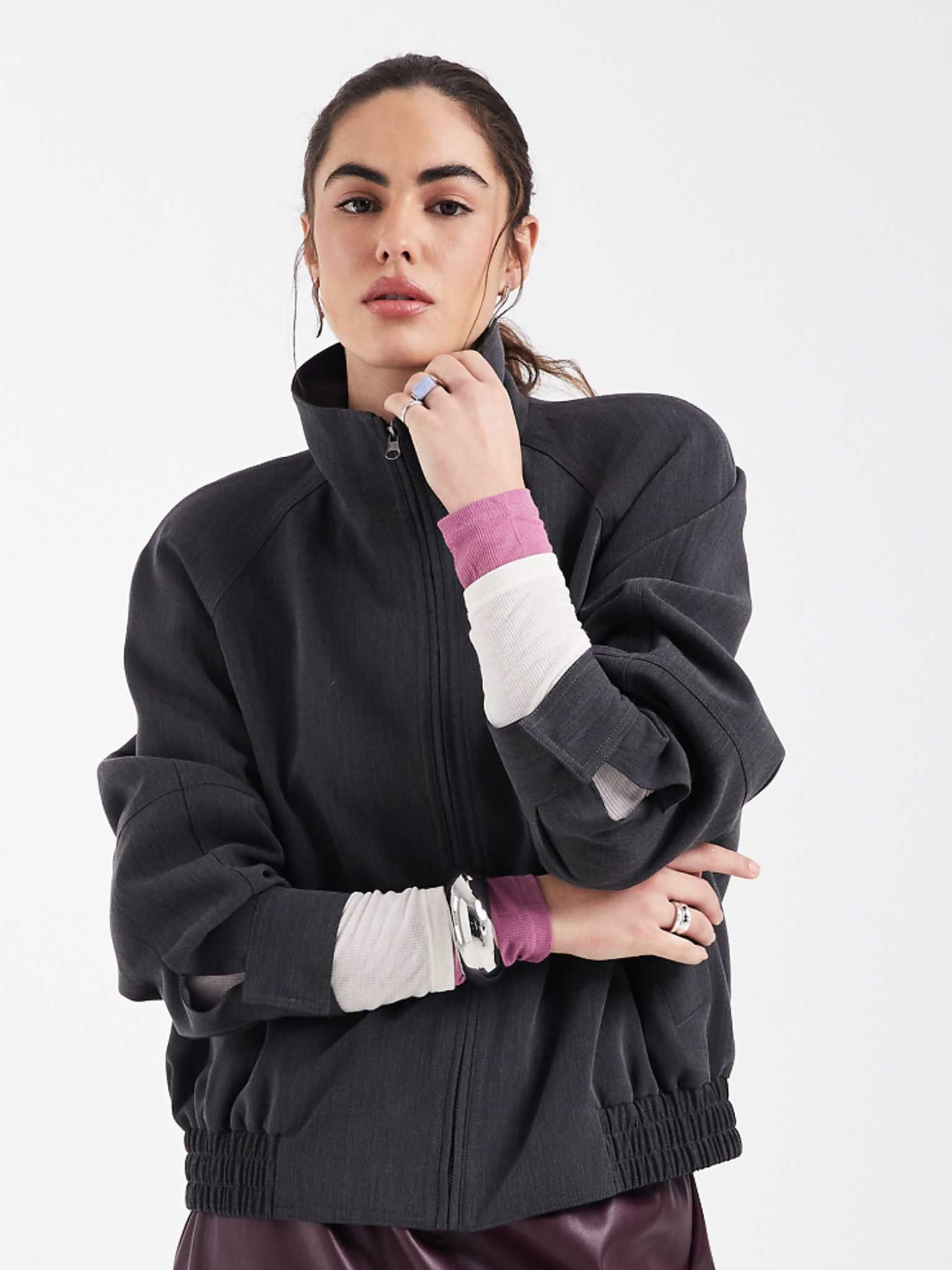 Asos Design Power Shoulder Tailored Bomber Jacket in Charcoal