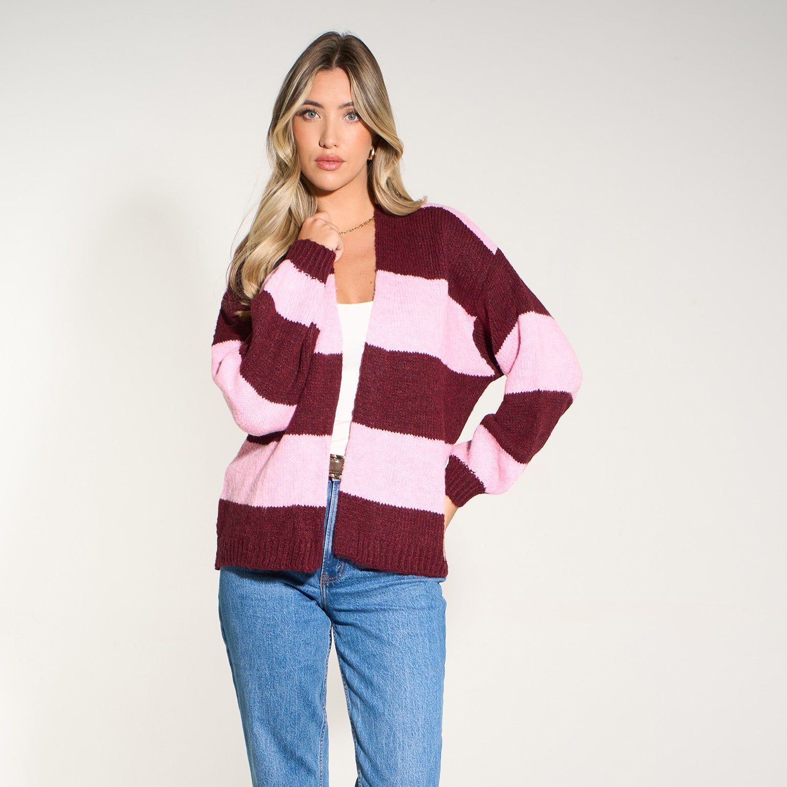 Block Striped Wool Blend Cardigan in Berry/ Pink