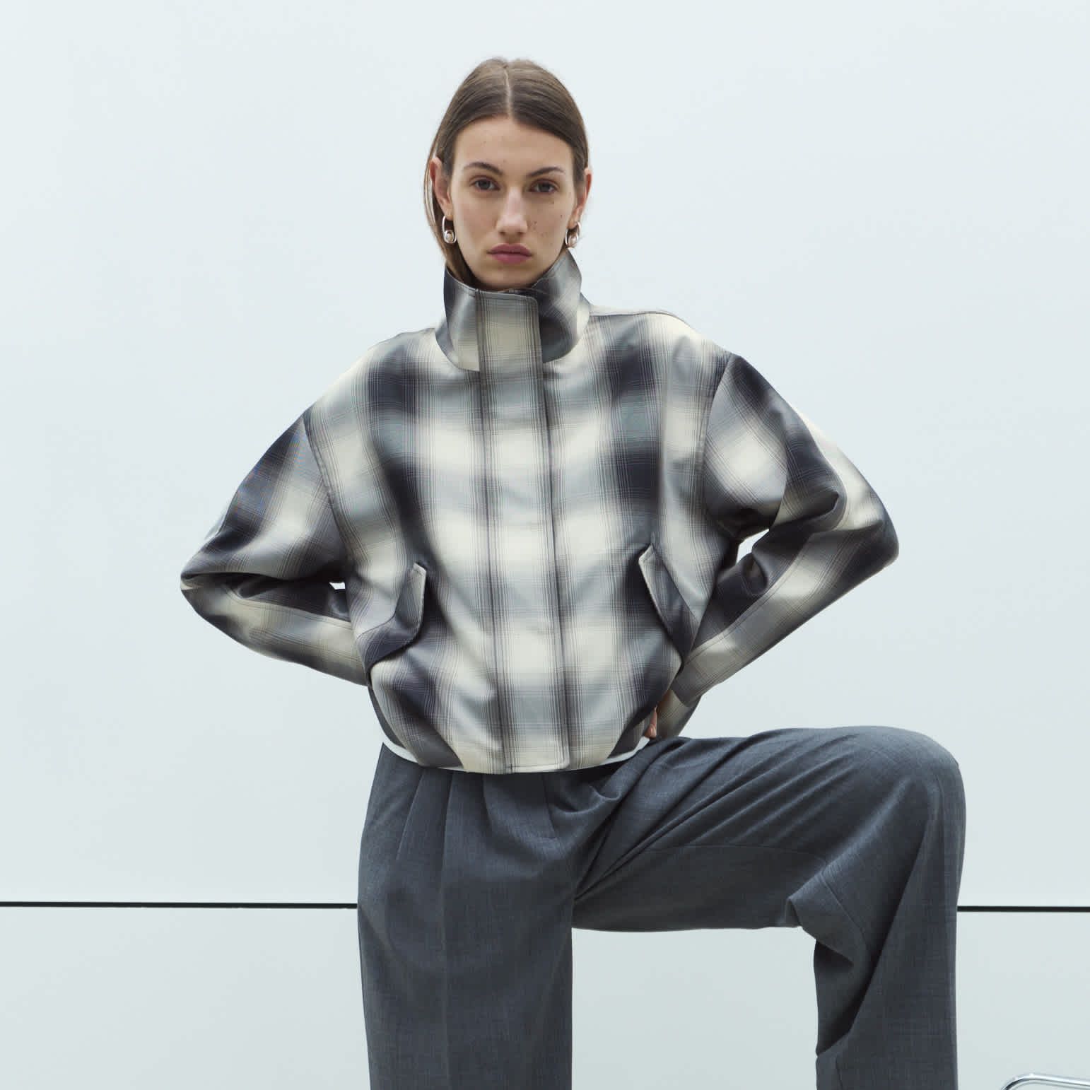 Checked Bubble Hem Funnel Neck Jacket
