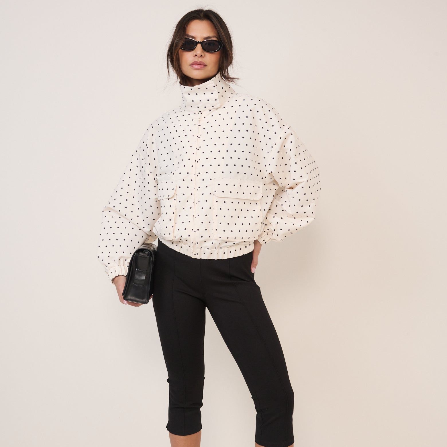 White Polka Dot Funnel Neck Windbreaker Jacket