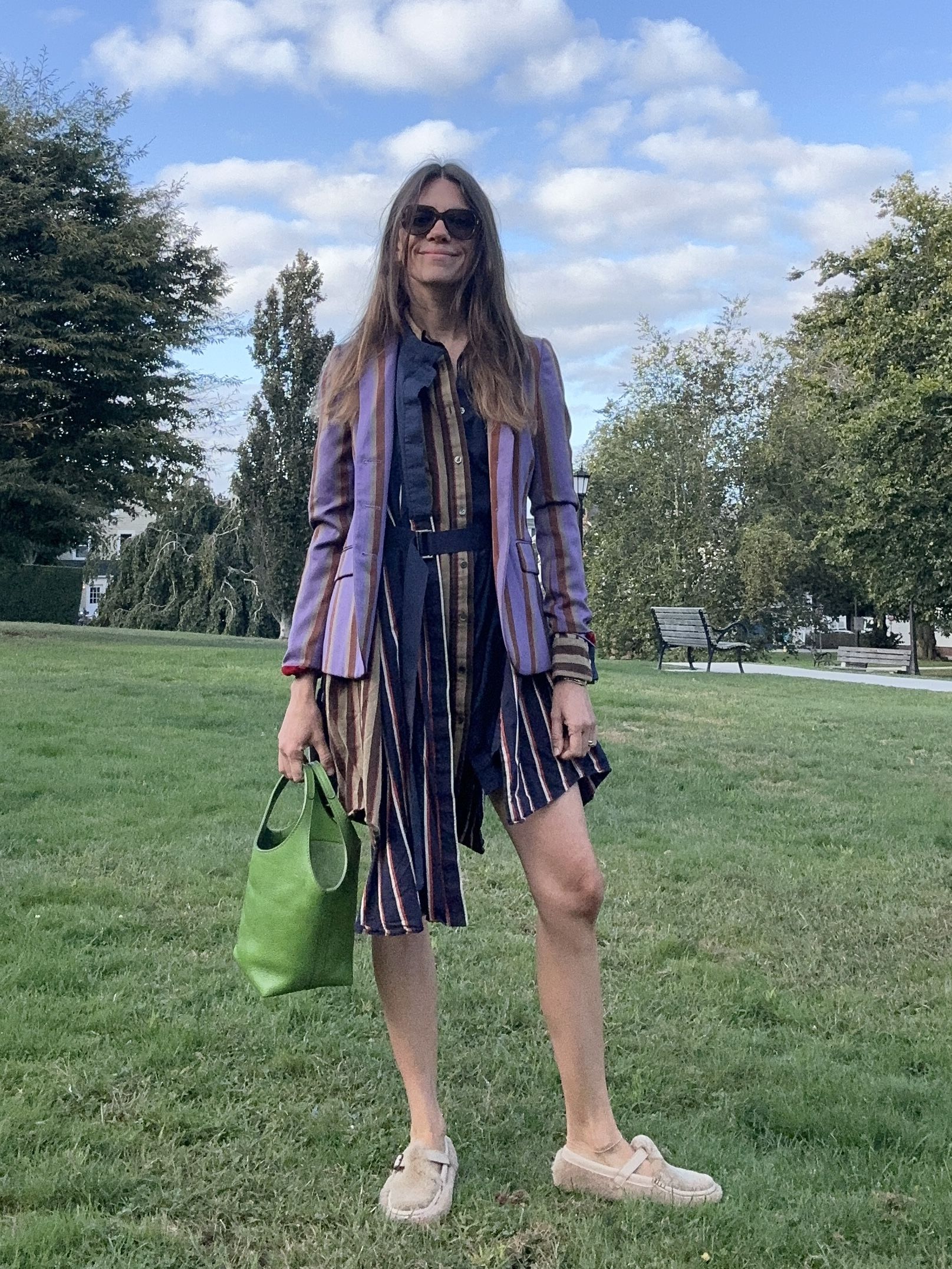 Julia Gall styles a striped blazer with a striped shirt-dress