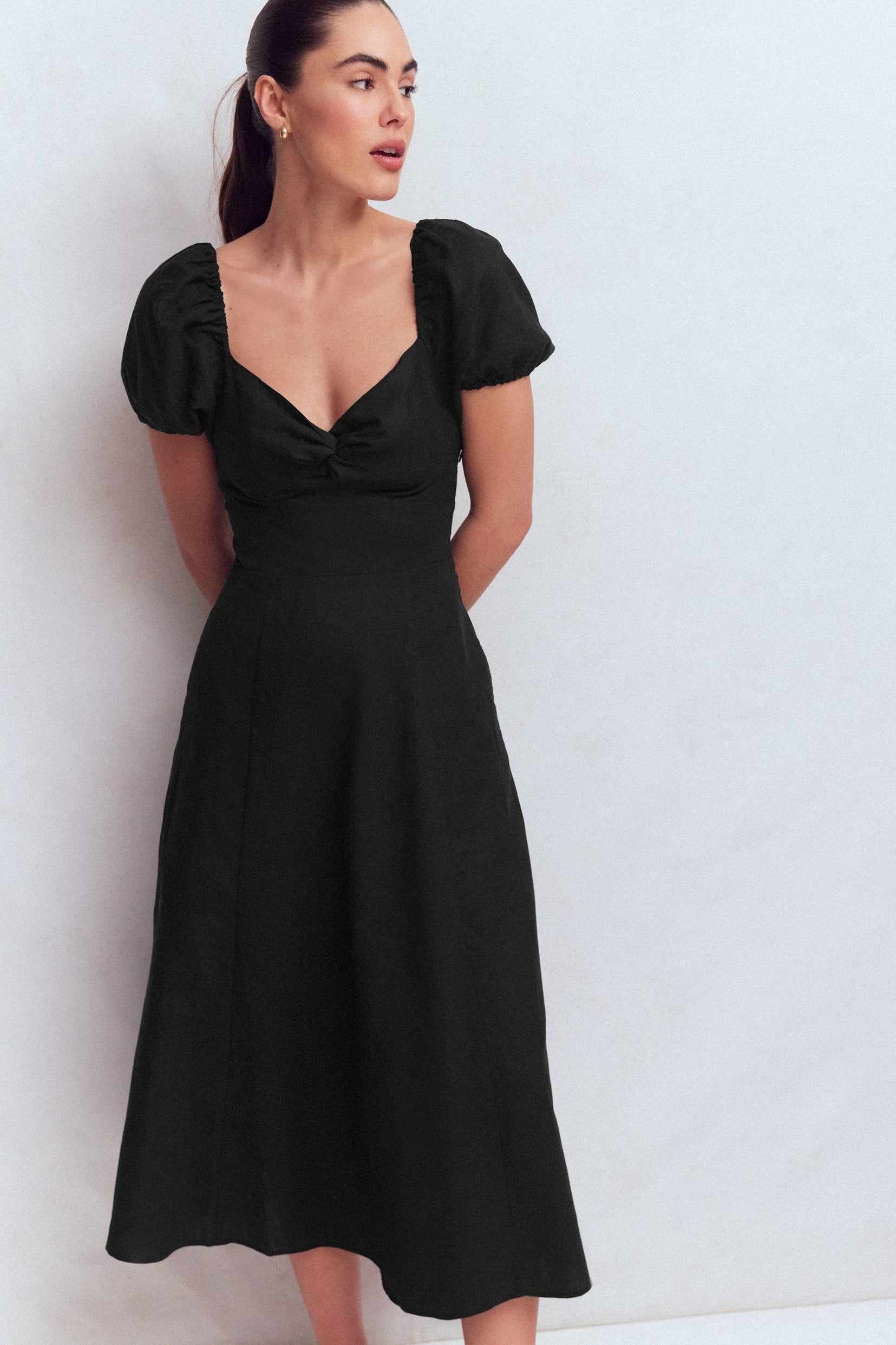 Twist Front Linen Blend Dress-Black