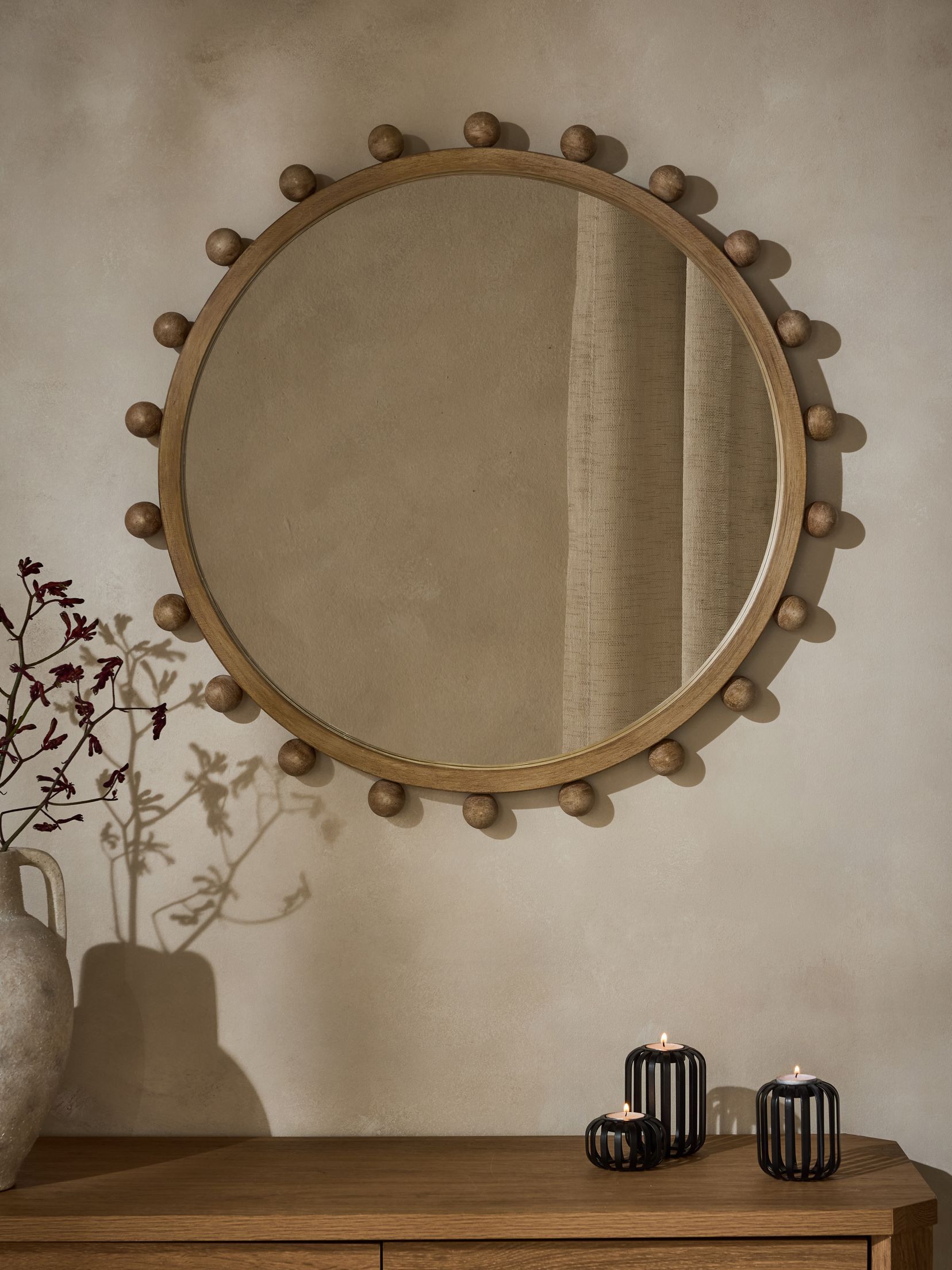 Light Natural Wood Bobbin Round Wall Mirror - Size One