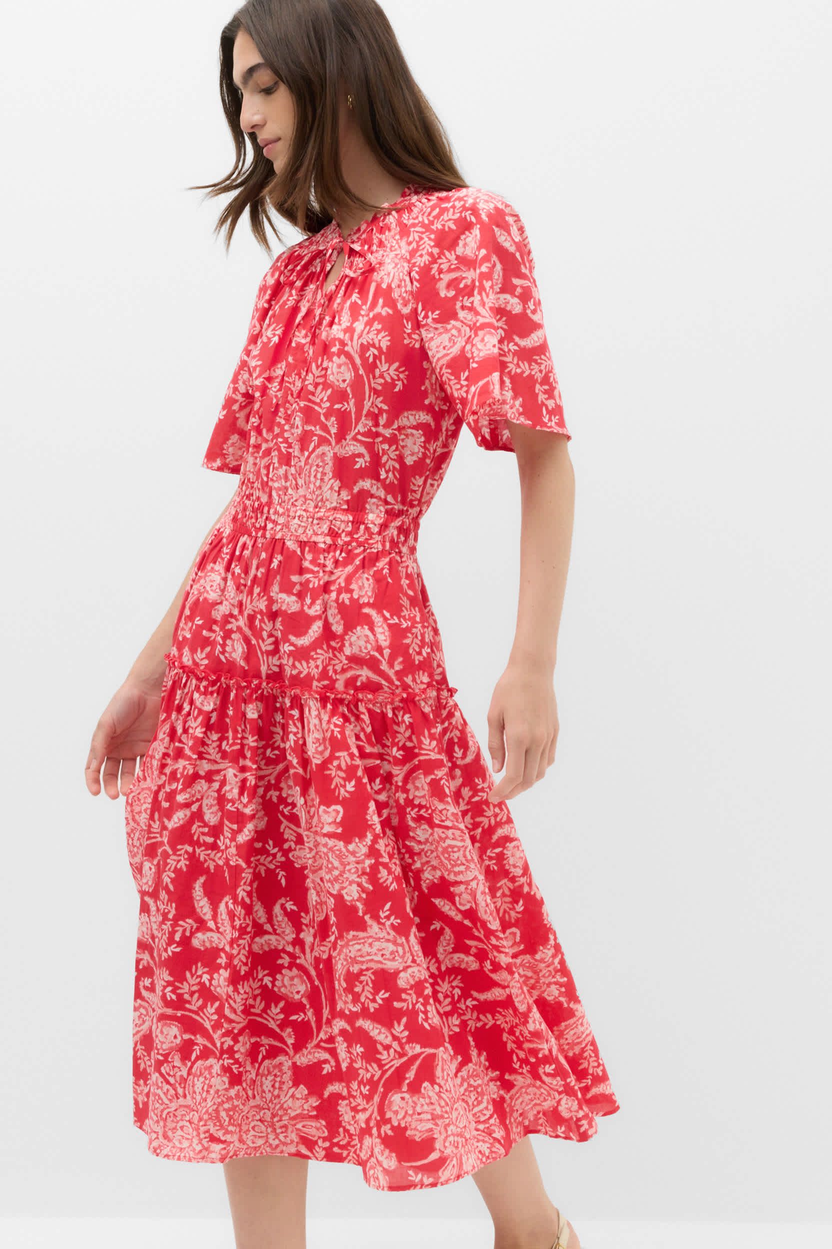 Pure Cotton Floral Tie Neck Midi Waisted Dress