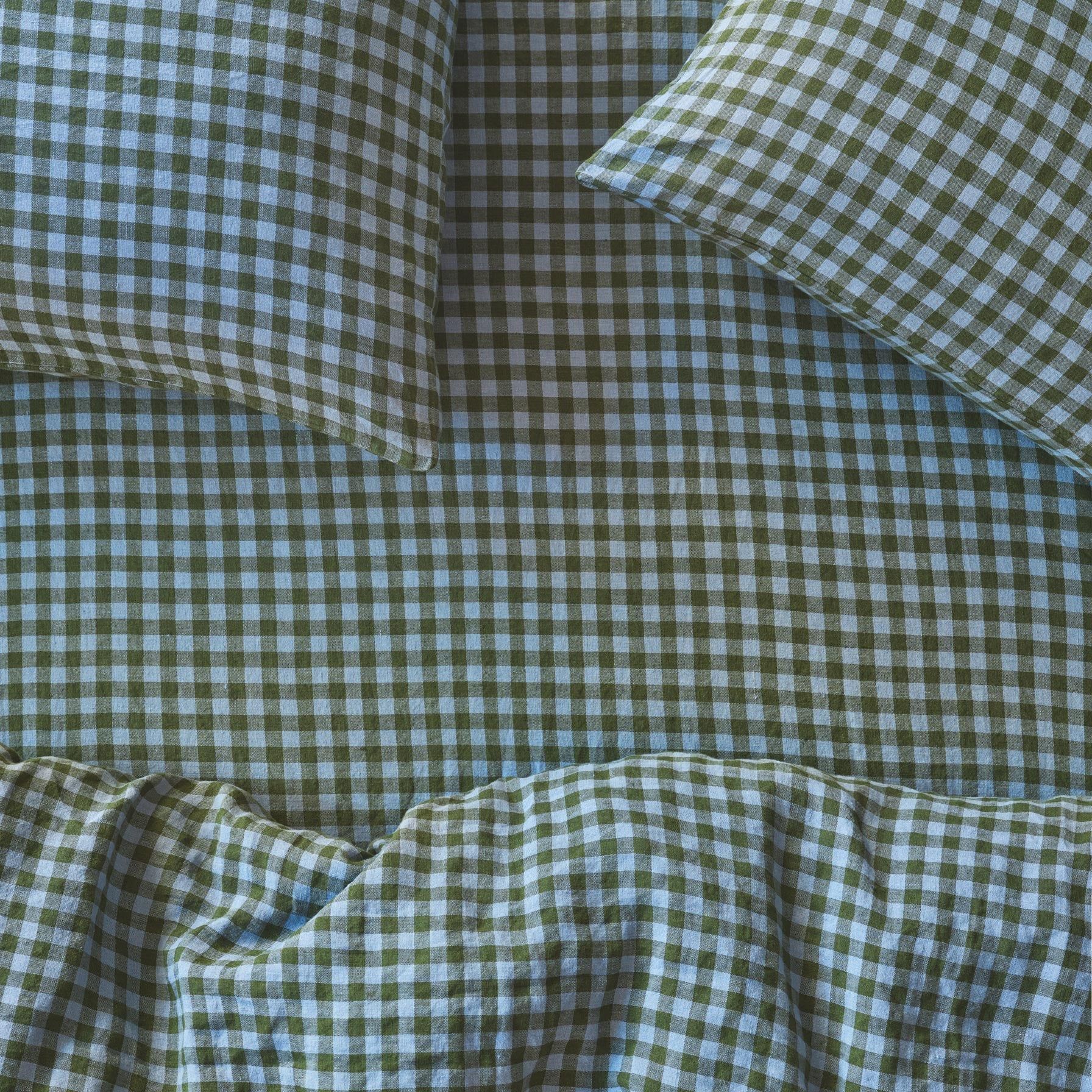 Fern Green & Dusk Blue Colour Drenched Gingham Linen Blend Pillowcases (pair)