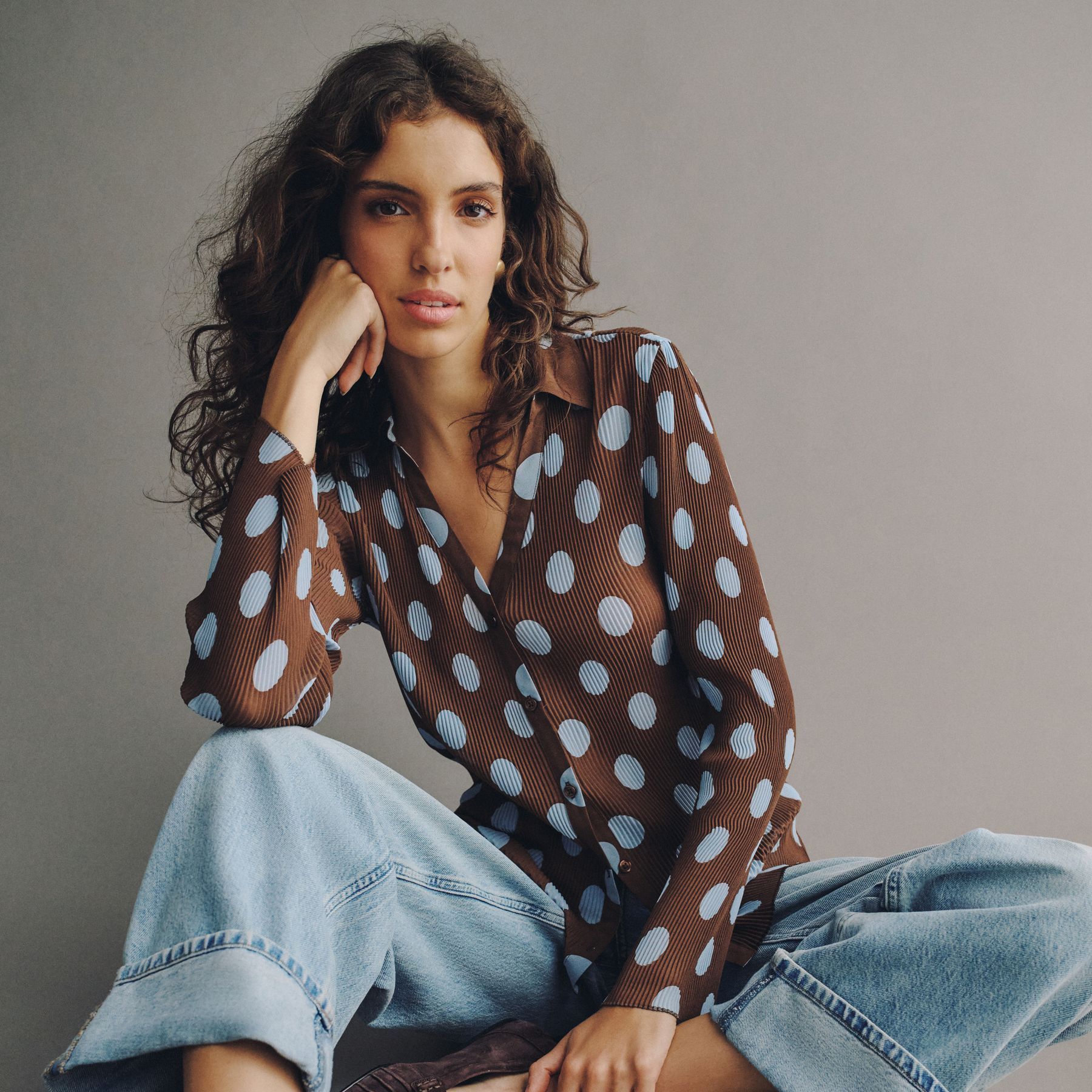 Blue/brown Polka Dot Plisse Long Sleeve Shirt - Size 6