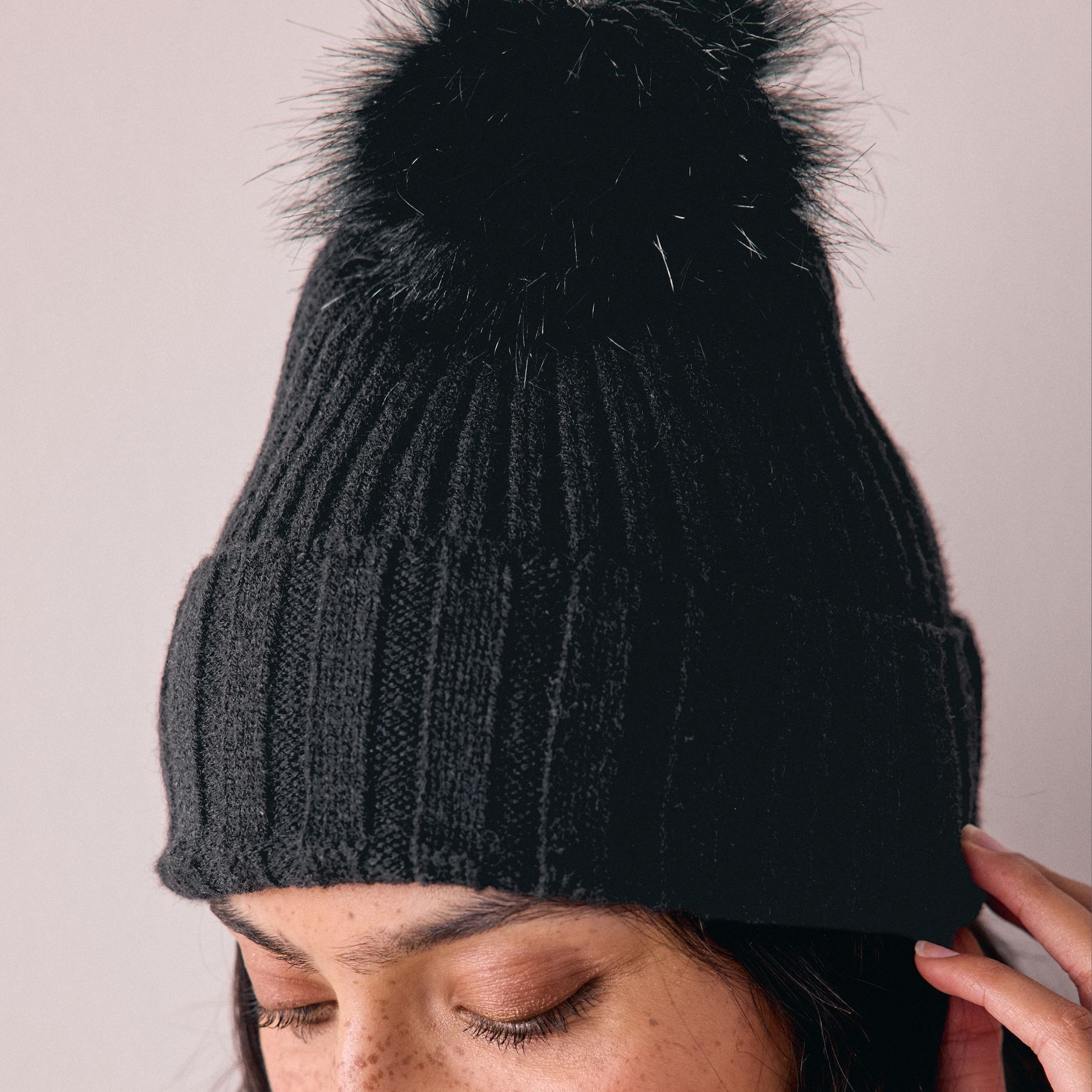 Black Rib Knit Pom Hat