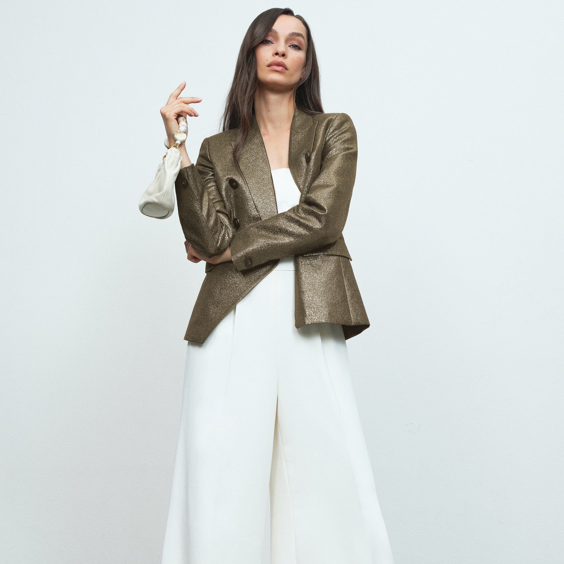 Double-Breasted Metallic Suit Blazer With Cotton in Gold