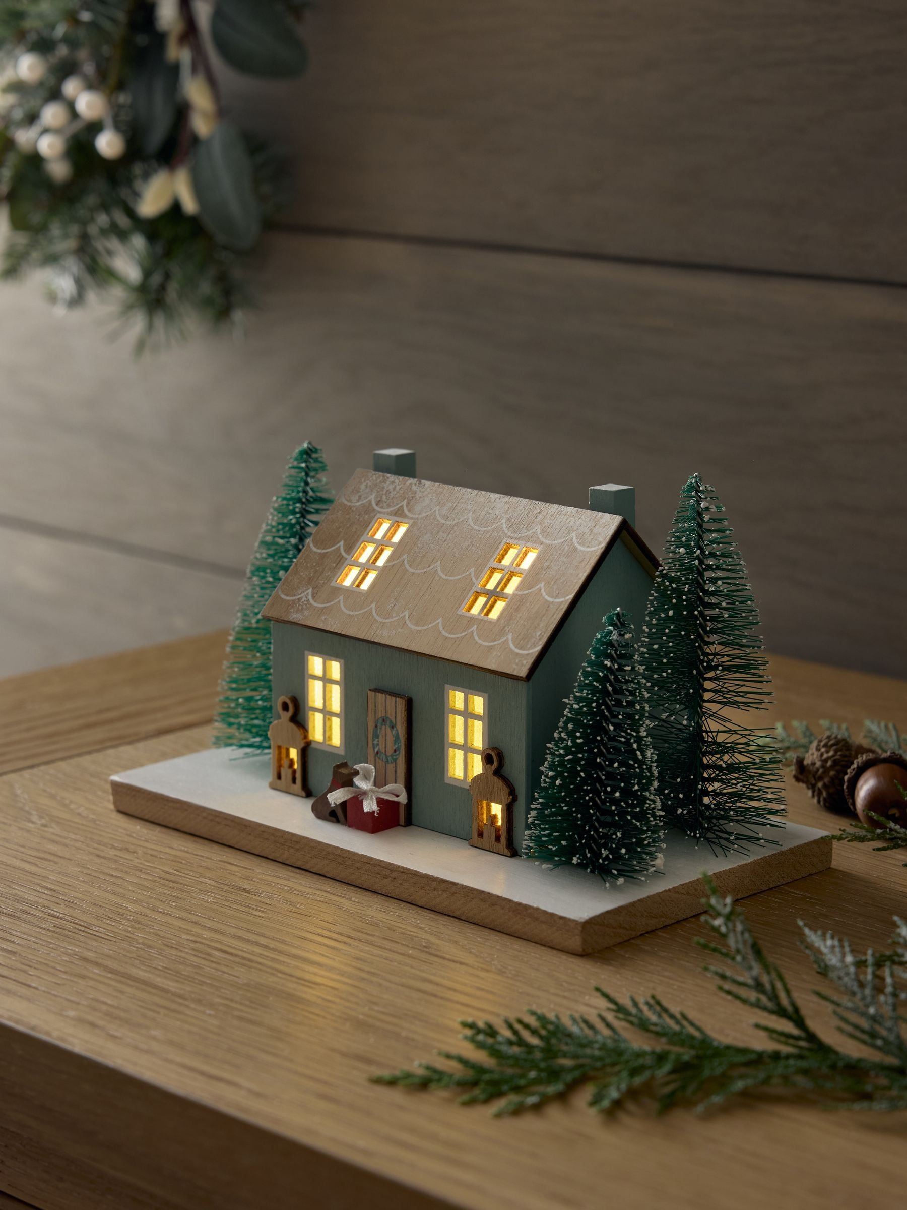 Green Lit Cosy House Christmas Ornament - Size One