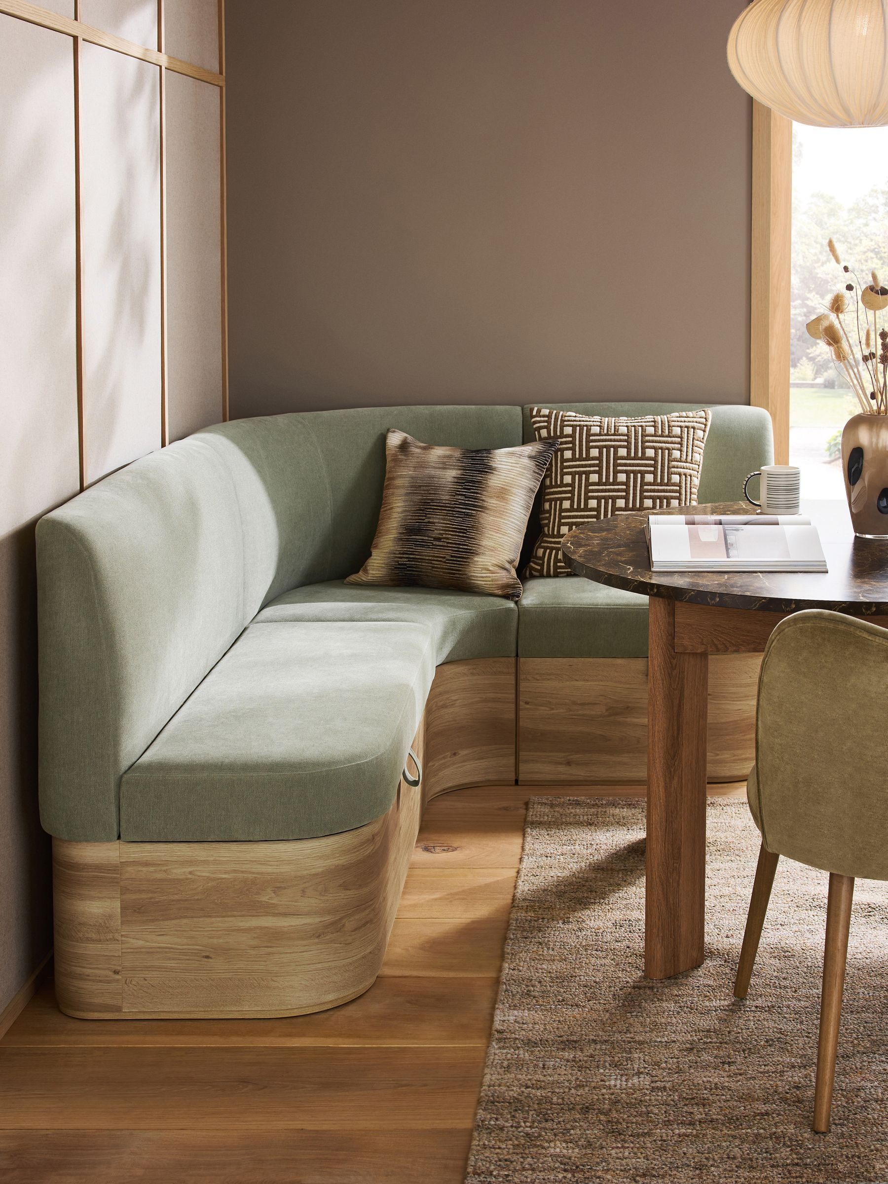 Soft Twill Sage Green Noa Curve Right Hand Corner Storage Dining Bench - Size One