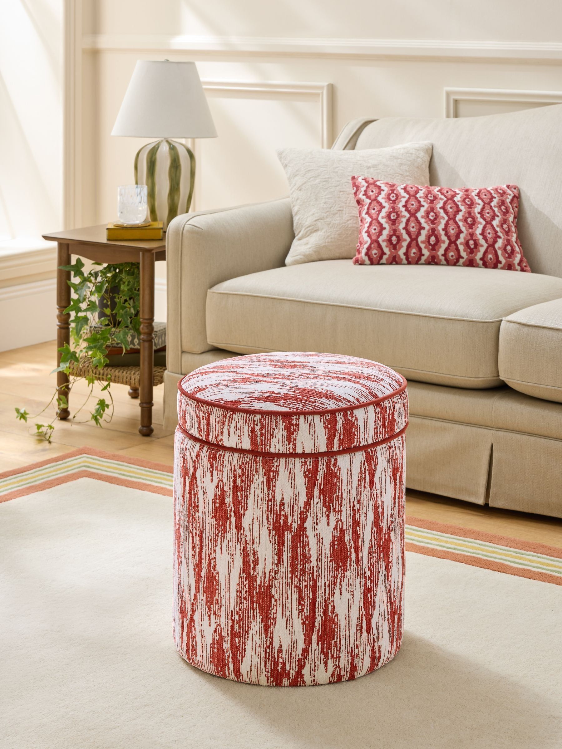 Nina Campbell Rowan Ikat Wine Red Rosebury Round Footstool - Size One
