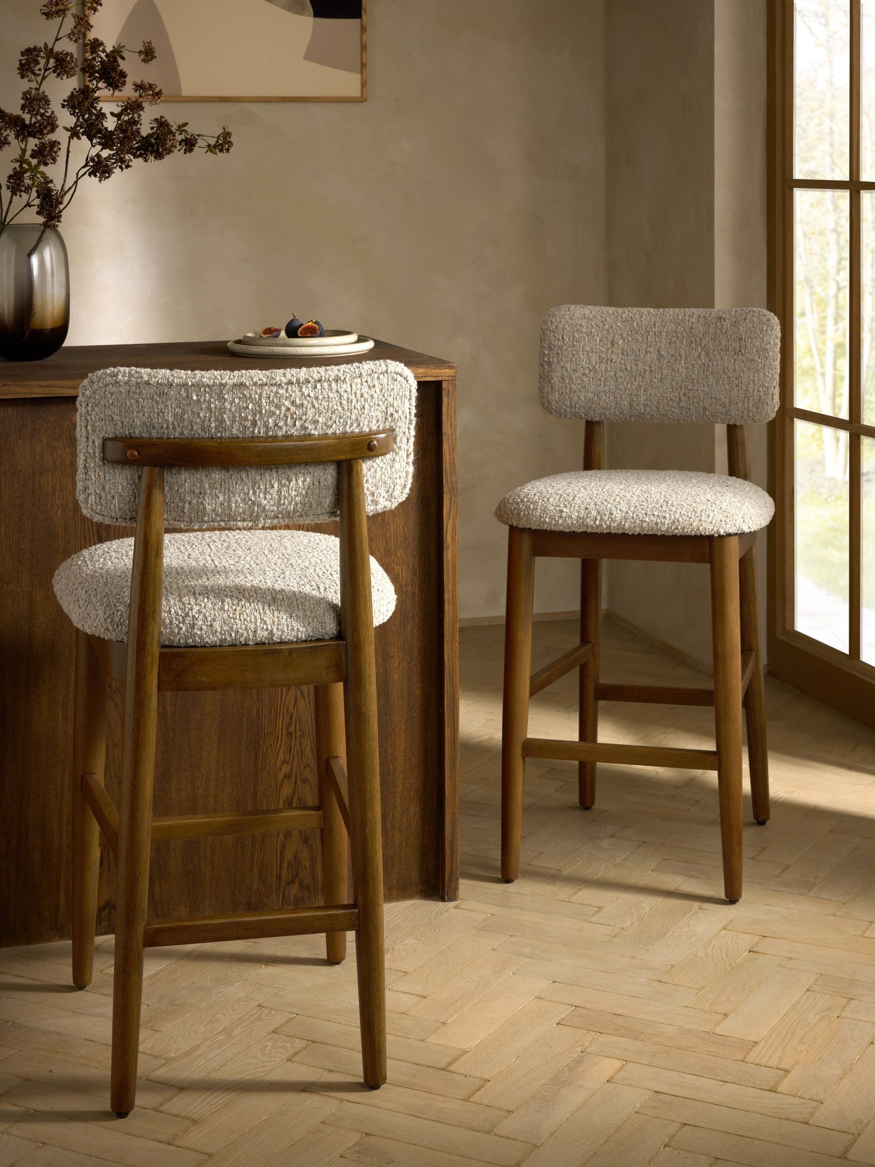 Tweedy Boucle Mink Brown Dark Wood Leg Wrenley Bar Stool - Size One