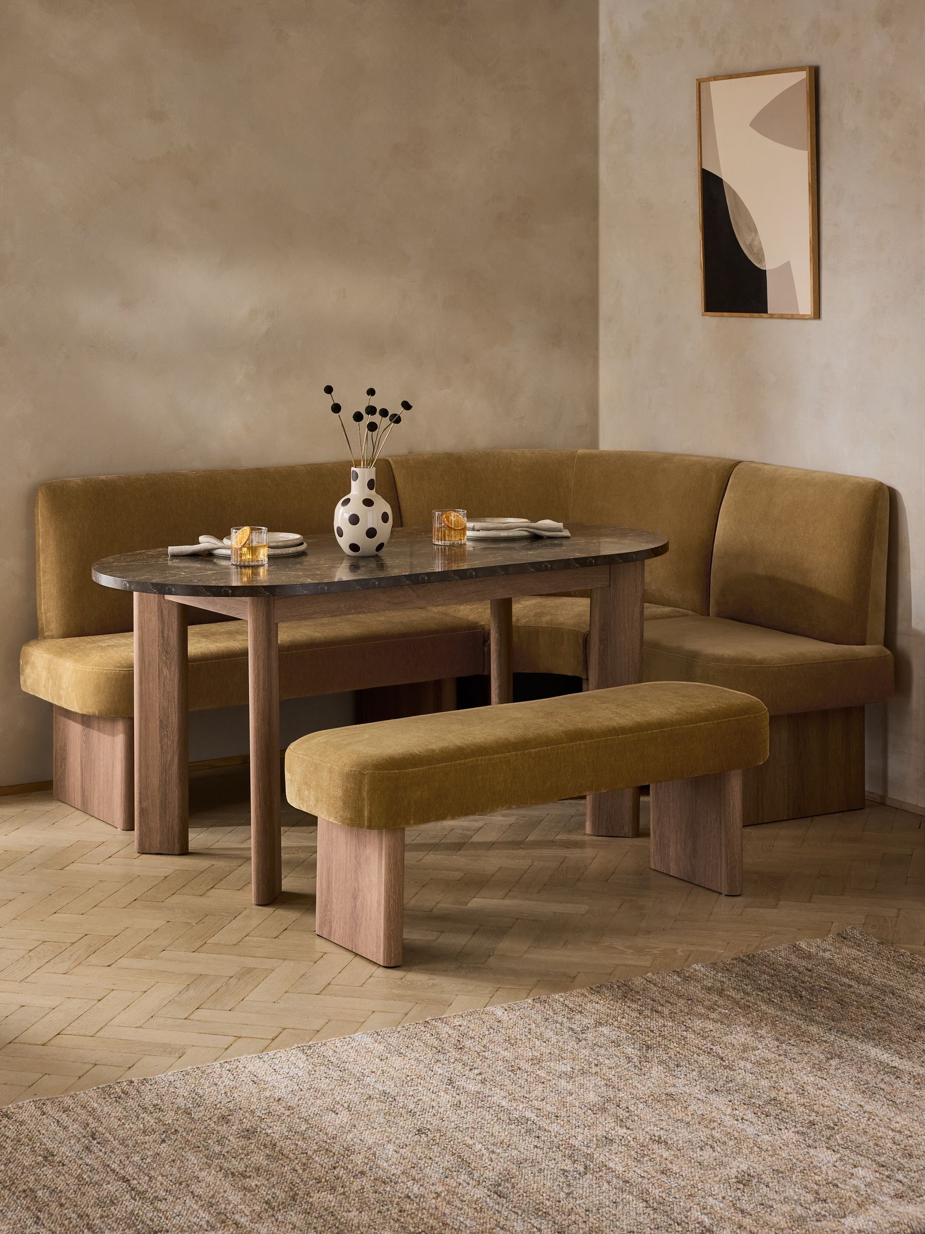 Relaxed Chenille Dark Ochre Yellow Right Hand Corner Dining Table and Bench Set - Size One