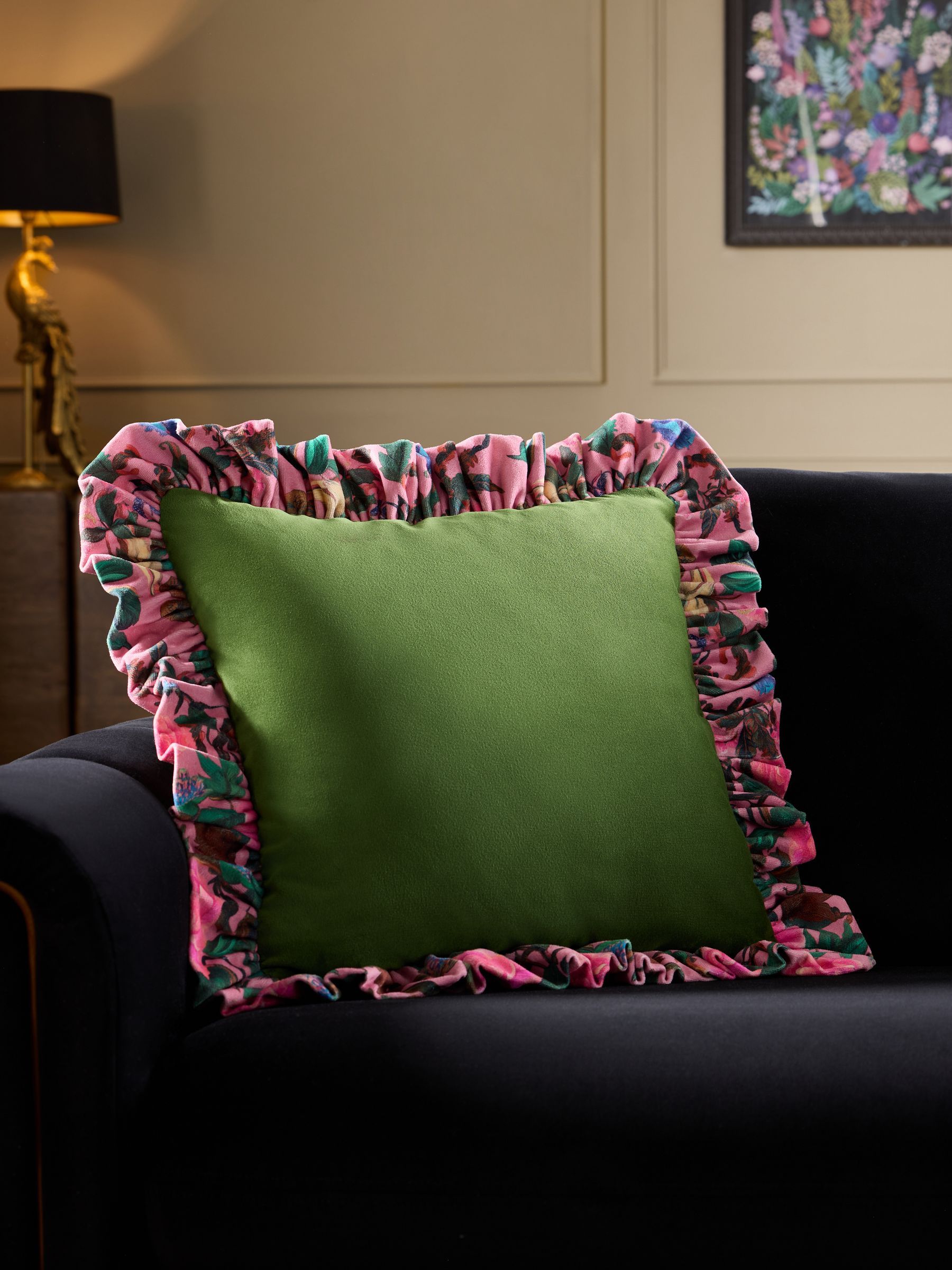 Multi Bright 50 X 50cm Maximalist Floral Ruffle Velvet Cushion - Size 50x50