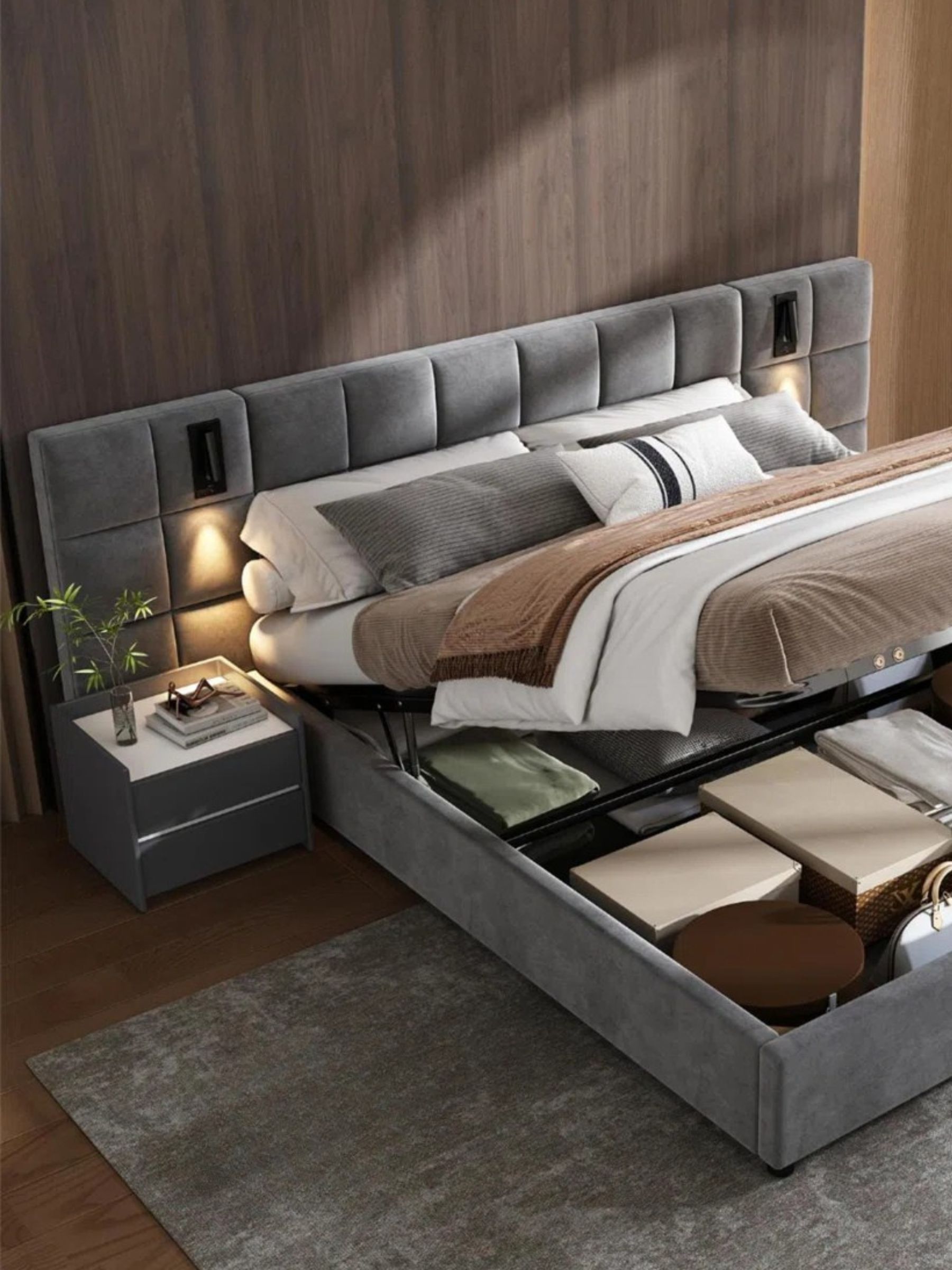 Brayden Studio , Grey Velvet Upholstered Bed Hydraulic Storage Bed With Directional Lamp