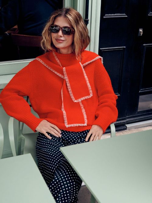 Red Scarf Layer Lace Trim Knitted Jumper