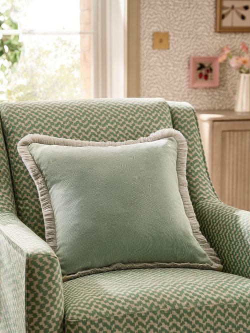 Green Soft Velour Contrast Fringe Cushion 