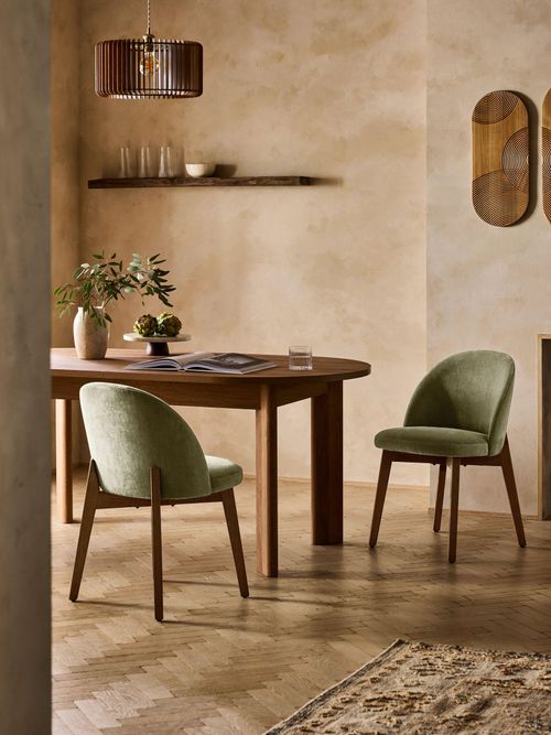 Set of 2 Relaxed Chenille Mid Wood Leg Dining Chairs