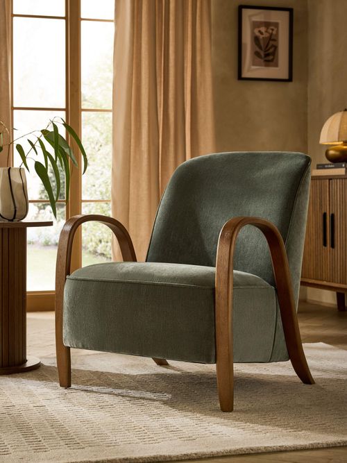 Relaxed Chenille Forest Green Hensley Wooden Accent Chair