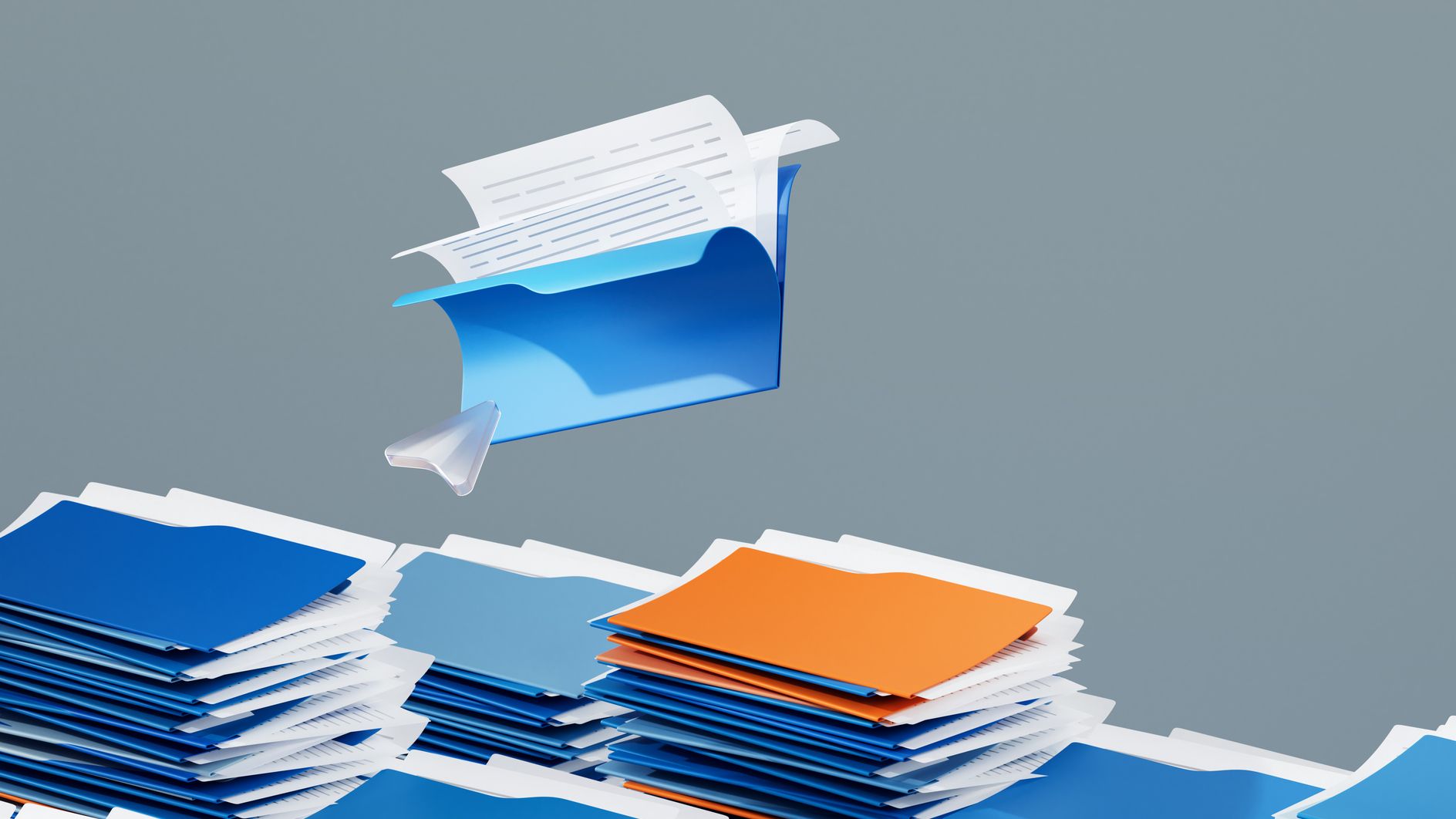 Digitally generated images of a large stack of file folders in various colors.