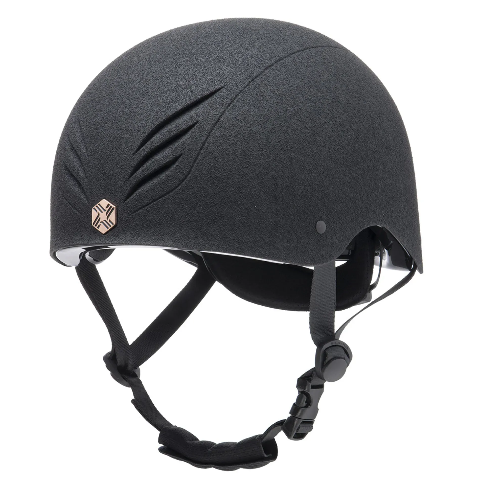 Close up of Charles Owen Phoneix skull hat in black/rose gold