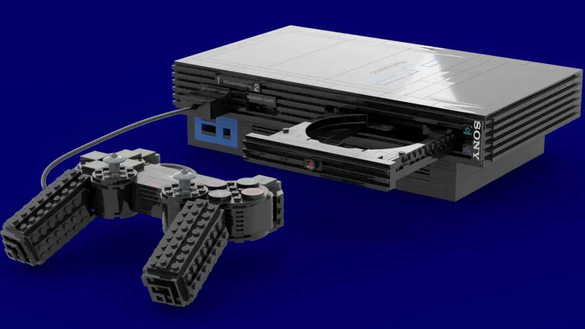 Lego PS2 set comes with a controller, disc tray, and