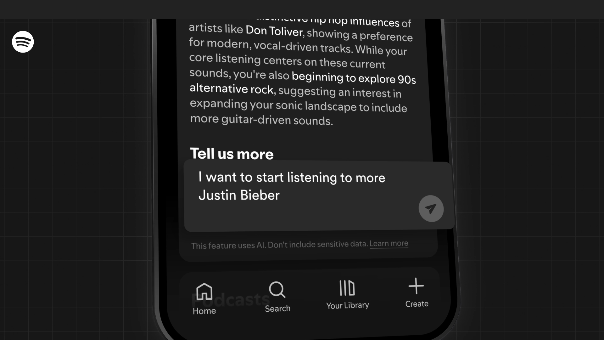 A screenshot from the trailer for the Spotify Taste Profile, showing a user requesting more Justin Bieber