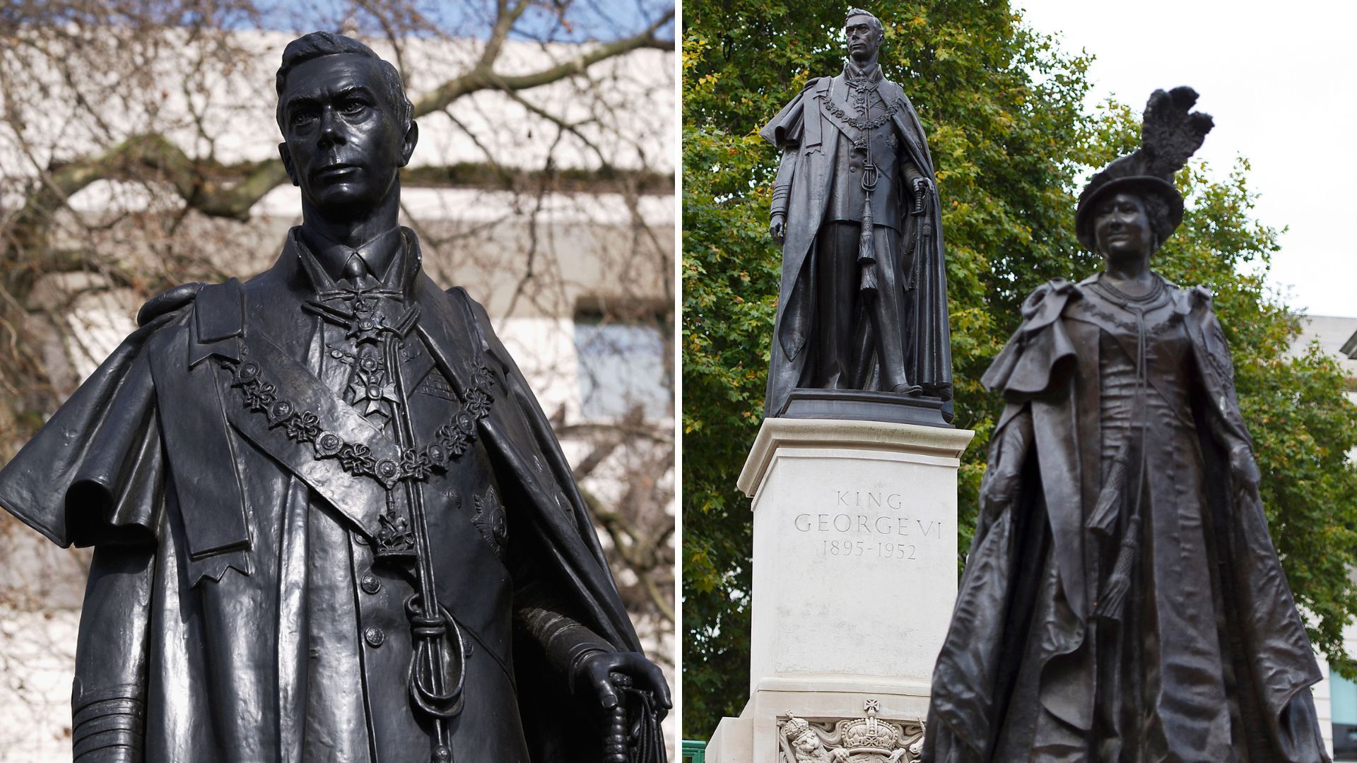 L-The King George VI Memorial statue in The Mall, R-The Queen Mother statue and King George VI statue in The Mall