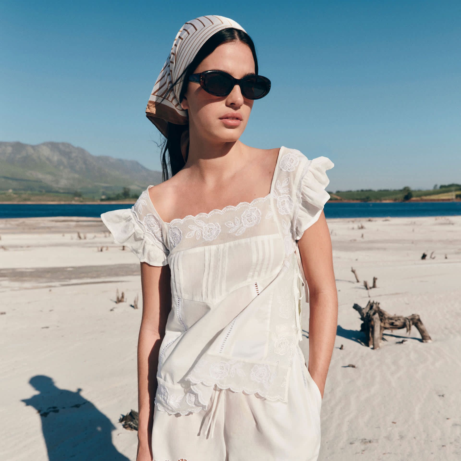 Pure Cotton Lace Bib Detail Embroidered Top