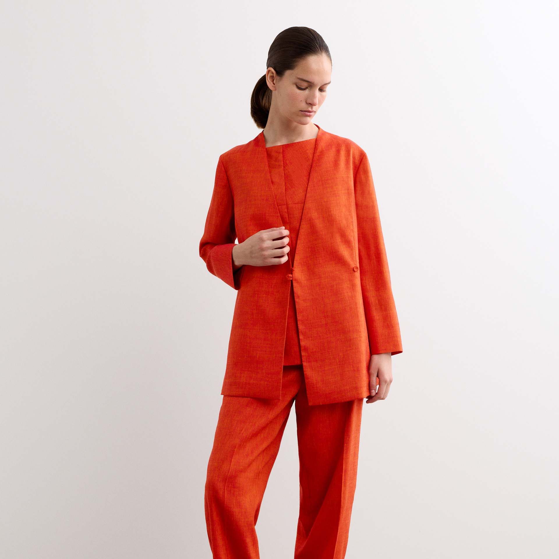 Linen Rich Colarless Longline Jacket