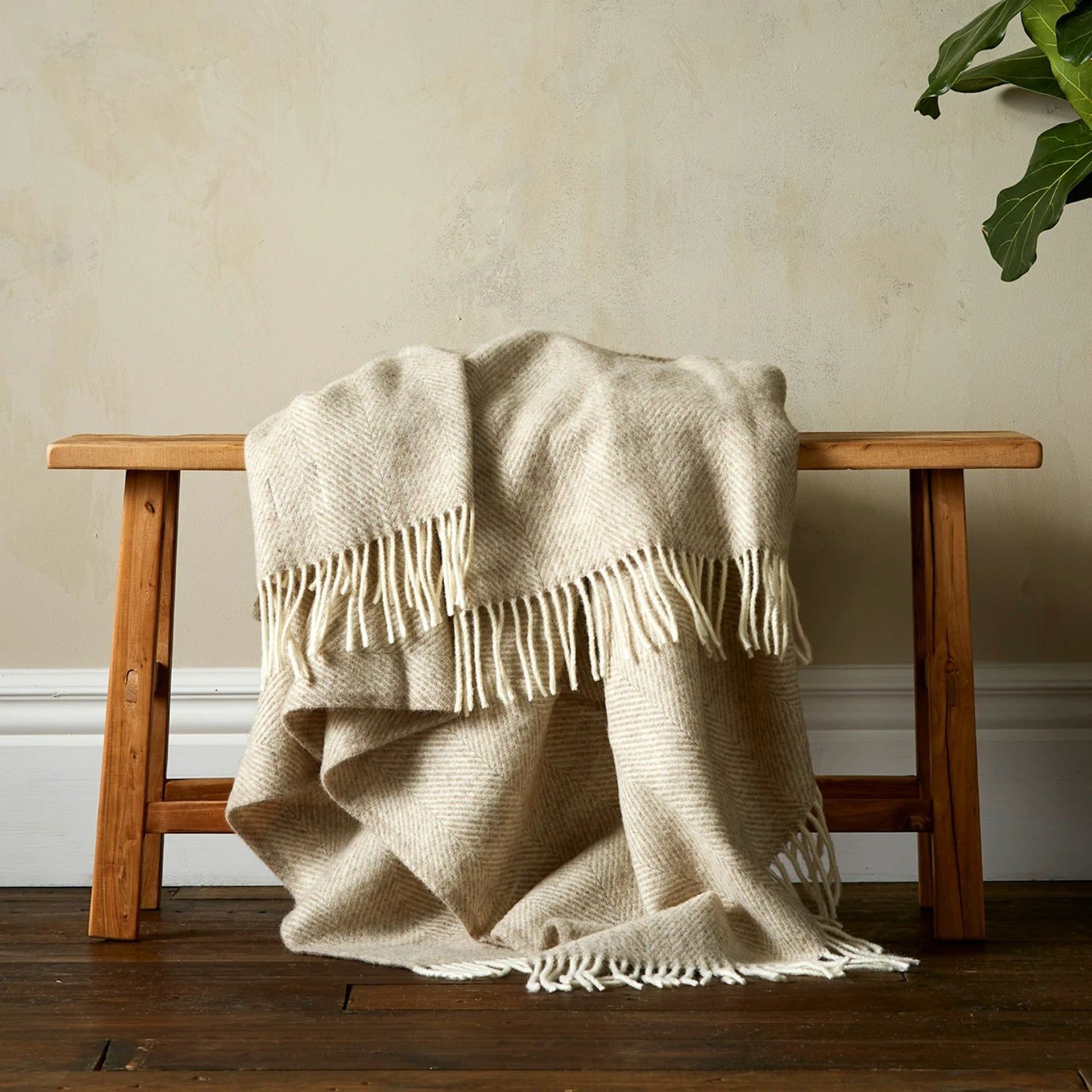 Greta Herringbone Wool Blanket - Beige