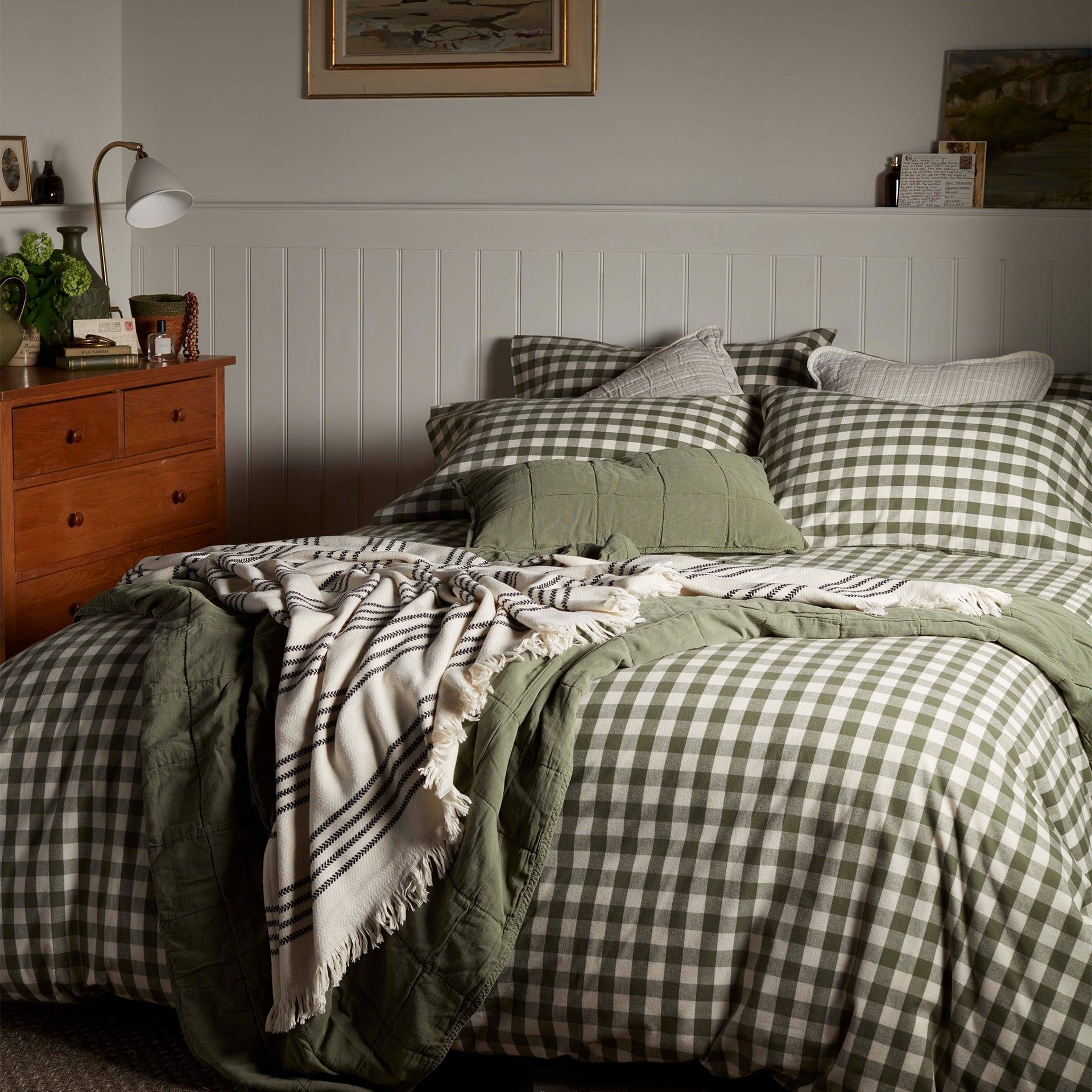 Olive Green Gilbert Gingham Brushed 100% Organic Cotton Bed Linen