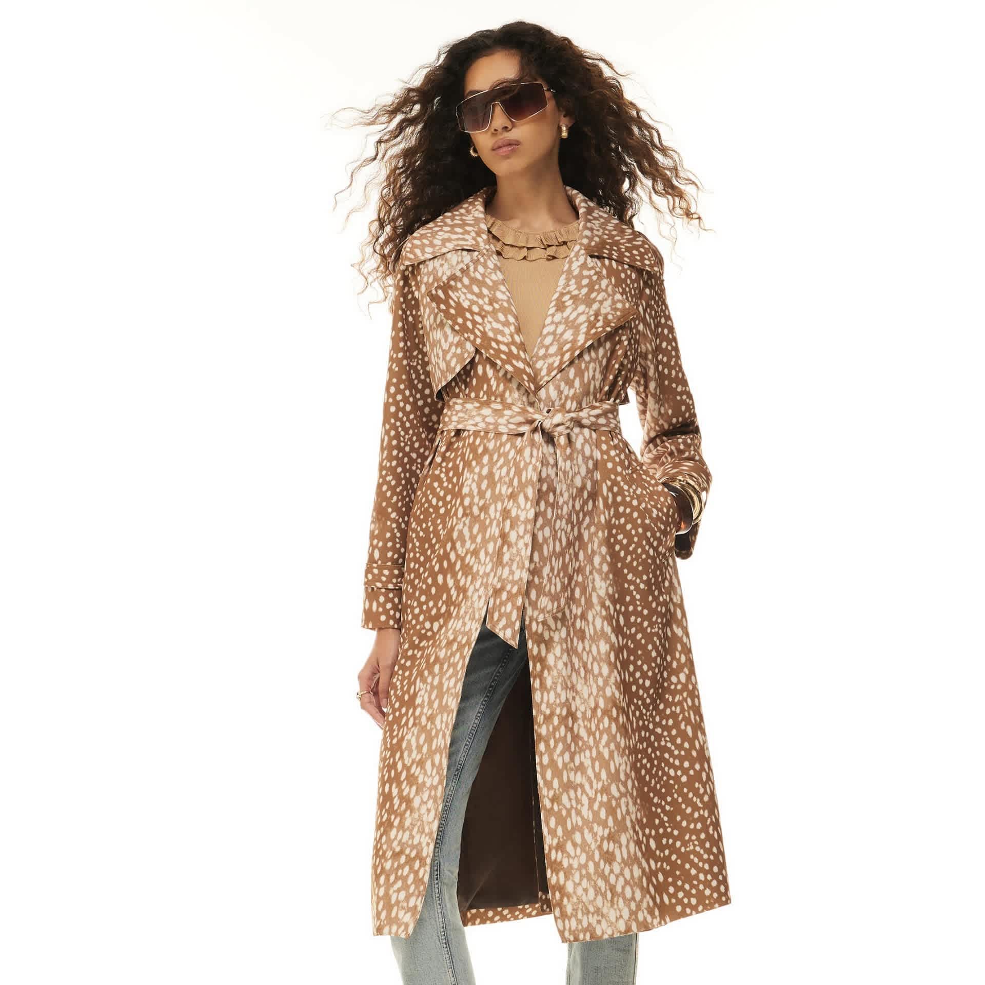 Deer Print Belted Waisted Collared Coat