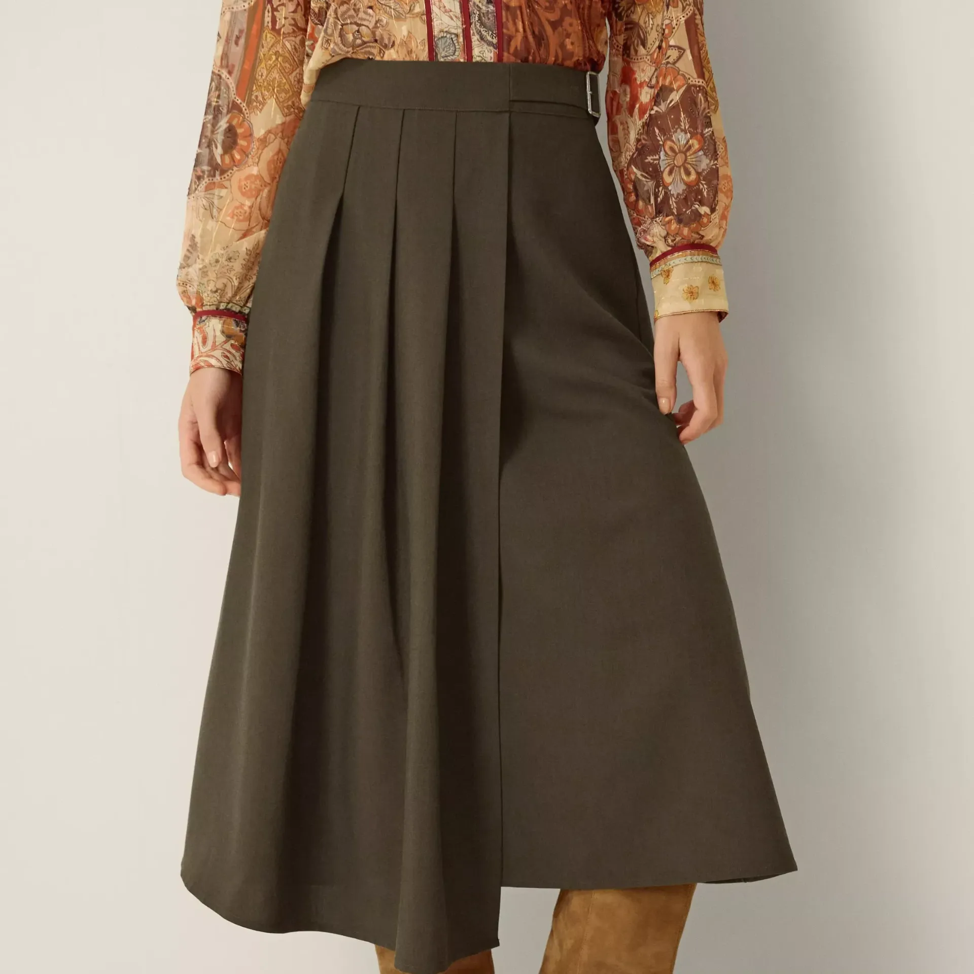 Monsoon Jillian Kilt A-Line Midi Skirt, Khaki