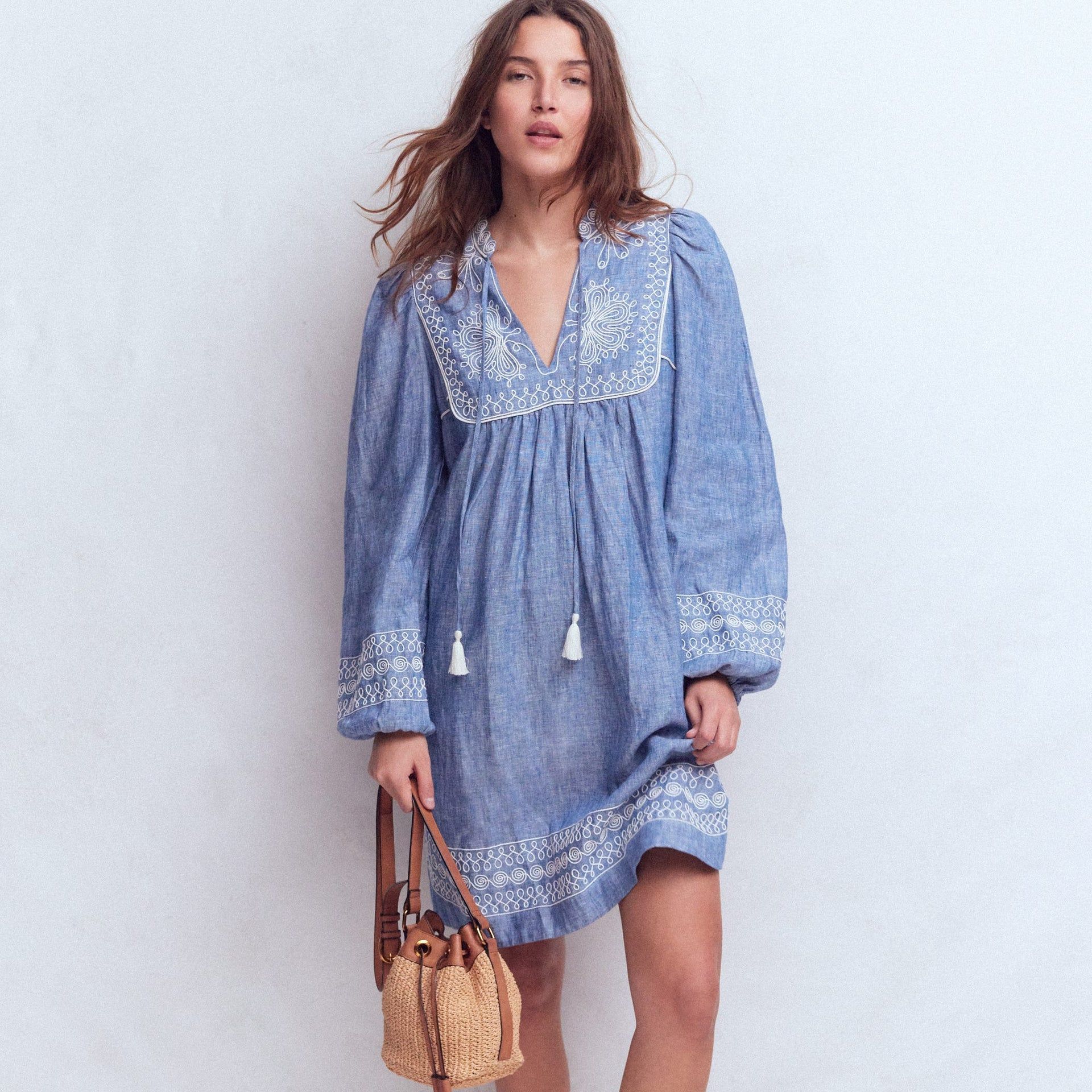 Pia Linen Yoke Tassel Dress-Chambray Embroidery