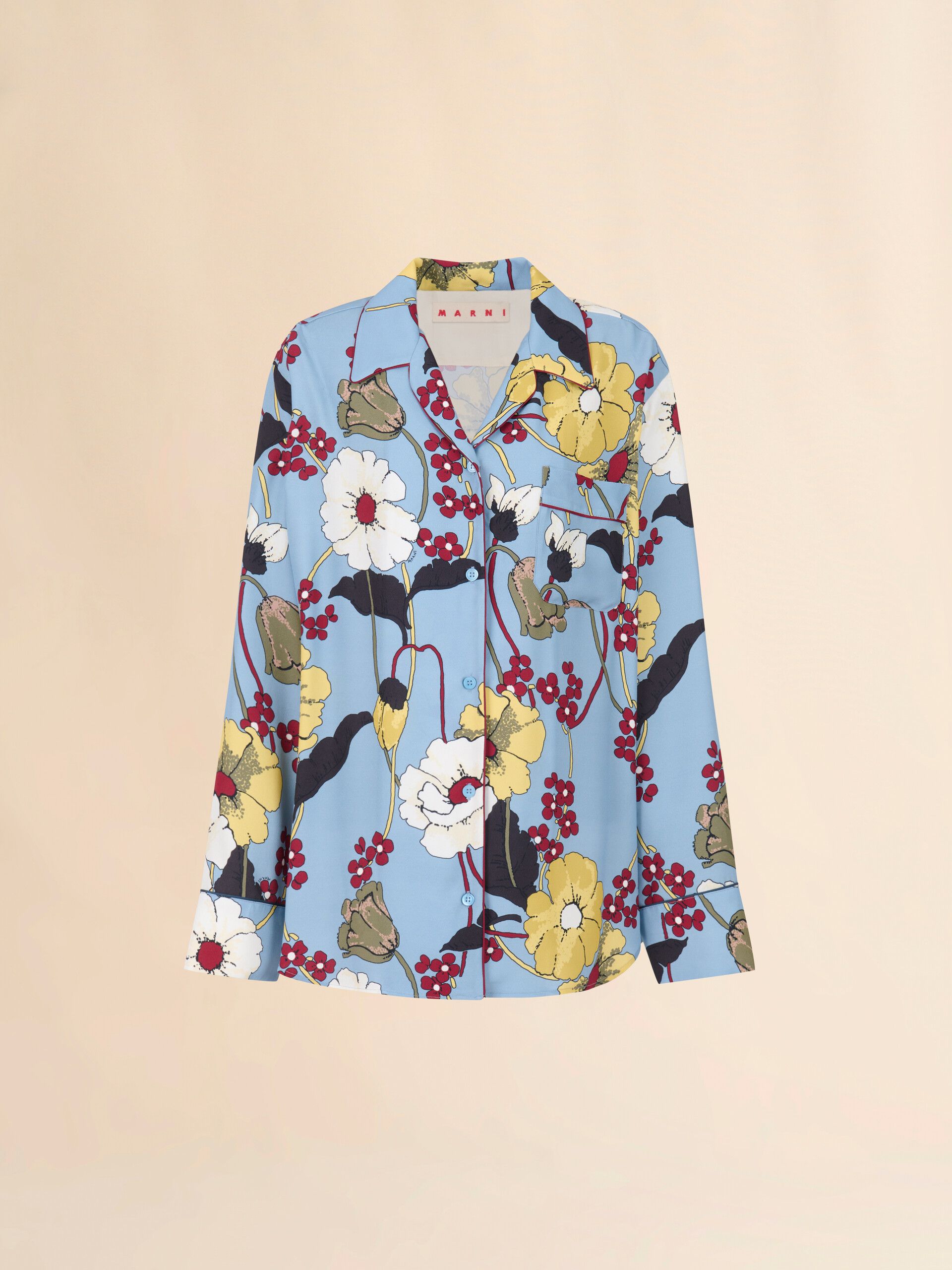 Blue Envers Satin Pajama Shirt With Melodia Print