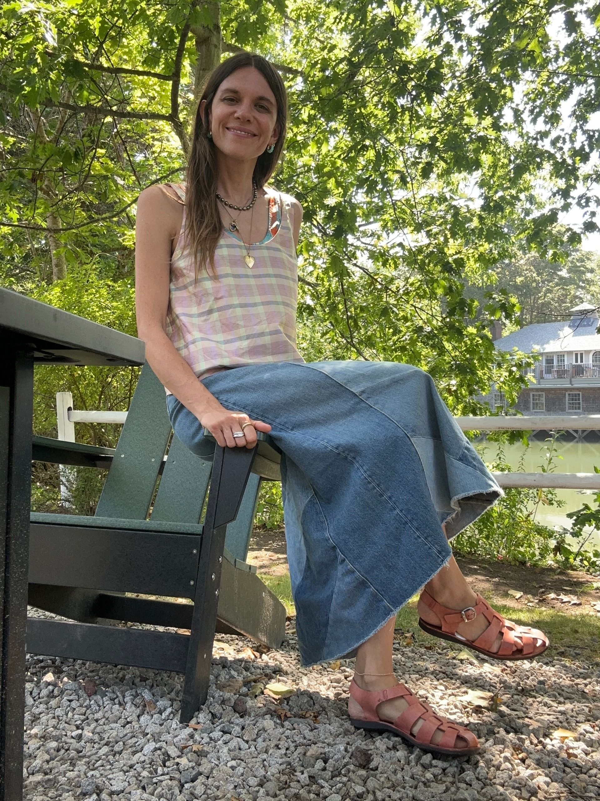 Julia Gall wears plaid with denim patchwork