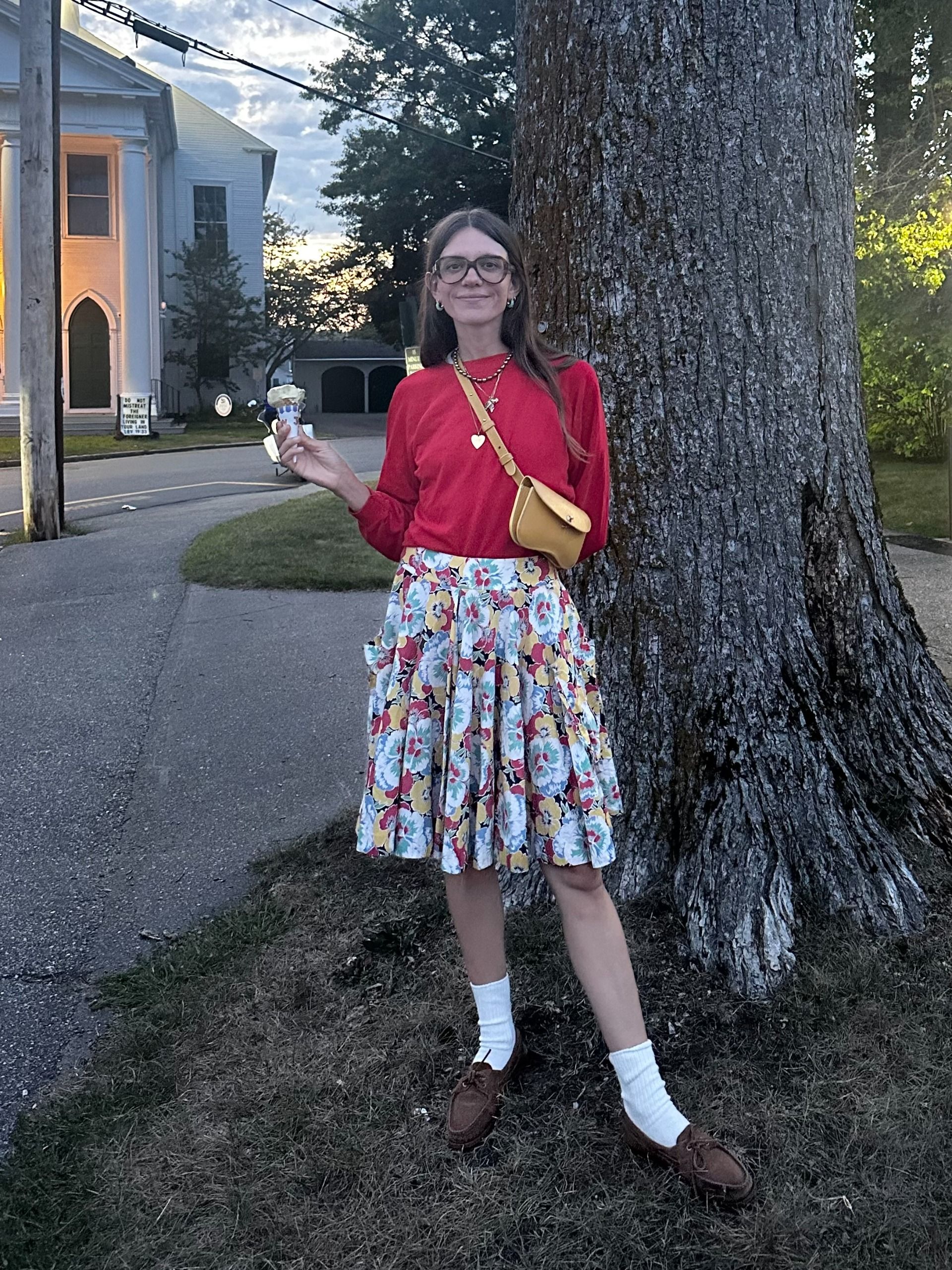 Julia Gall wears color-blocked pieces with preppy florals