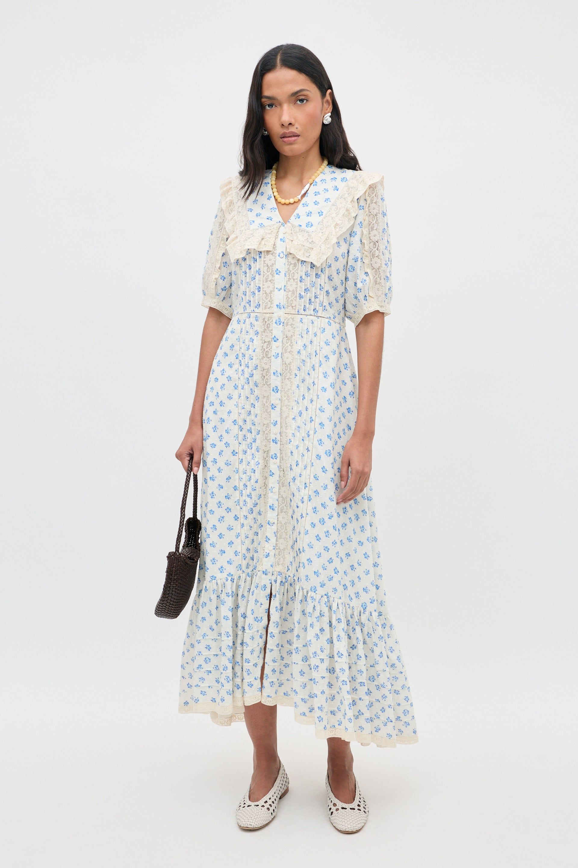 Edina Cotton Midi Dress in White Seville Floral Cream