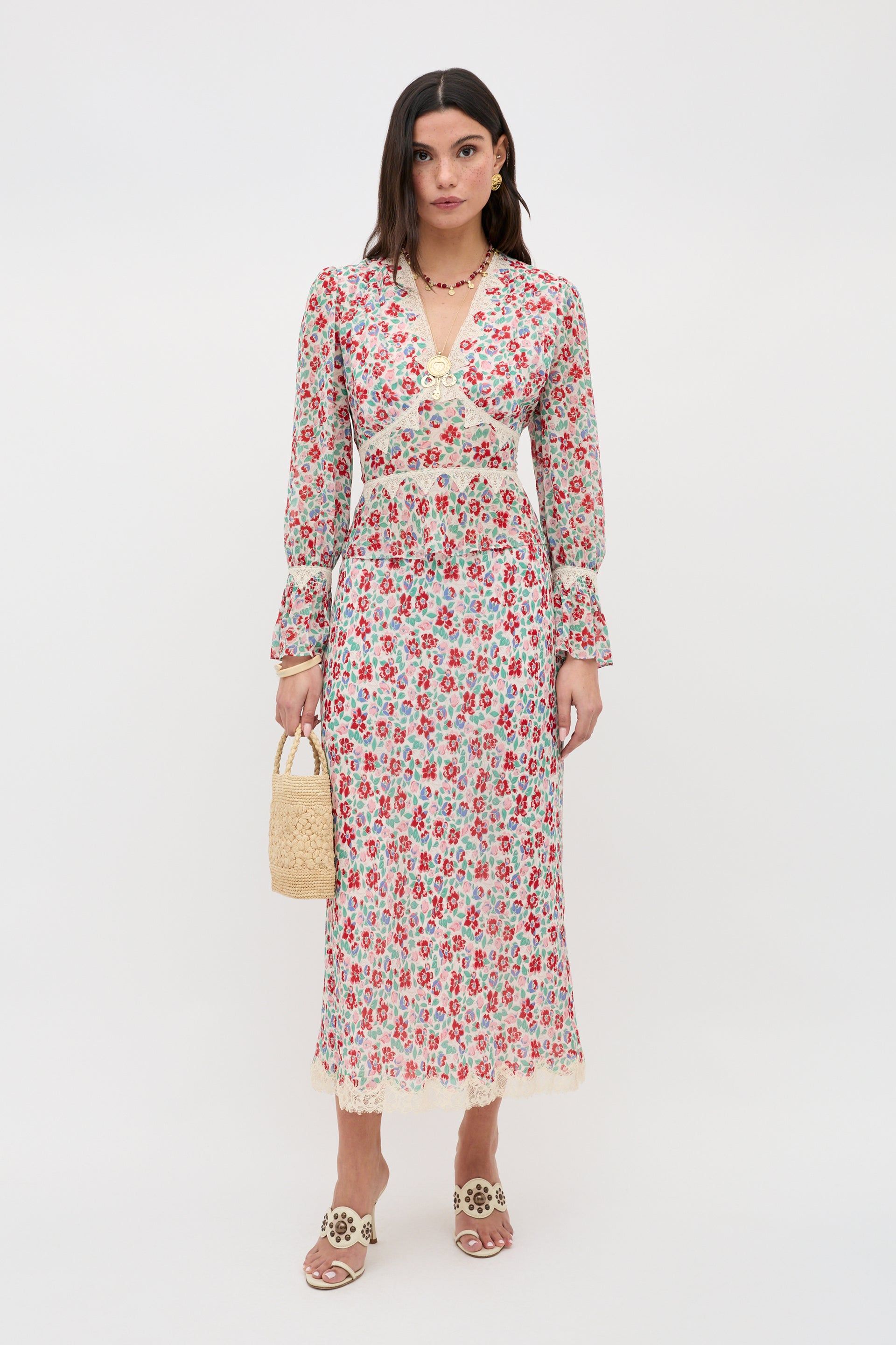 Stassie Chiffon Midi Skirt in Pink Jeannie Bloom Ivory