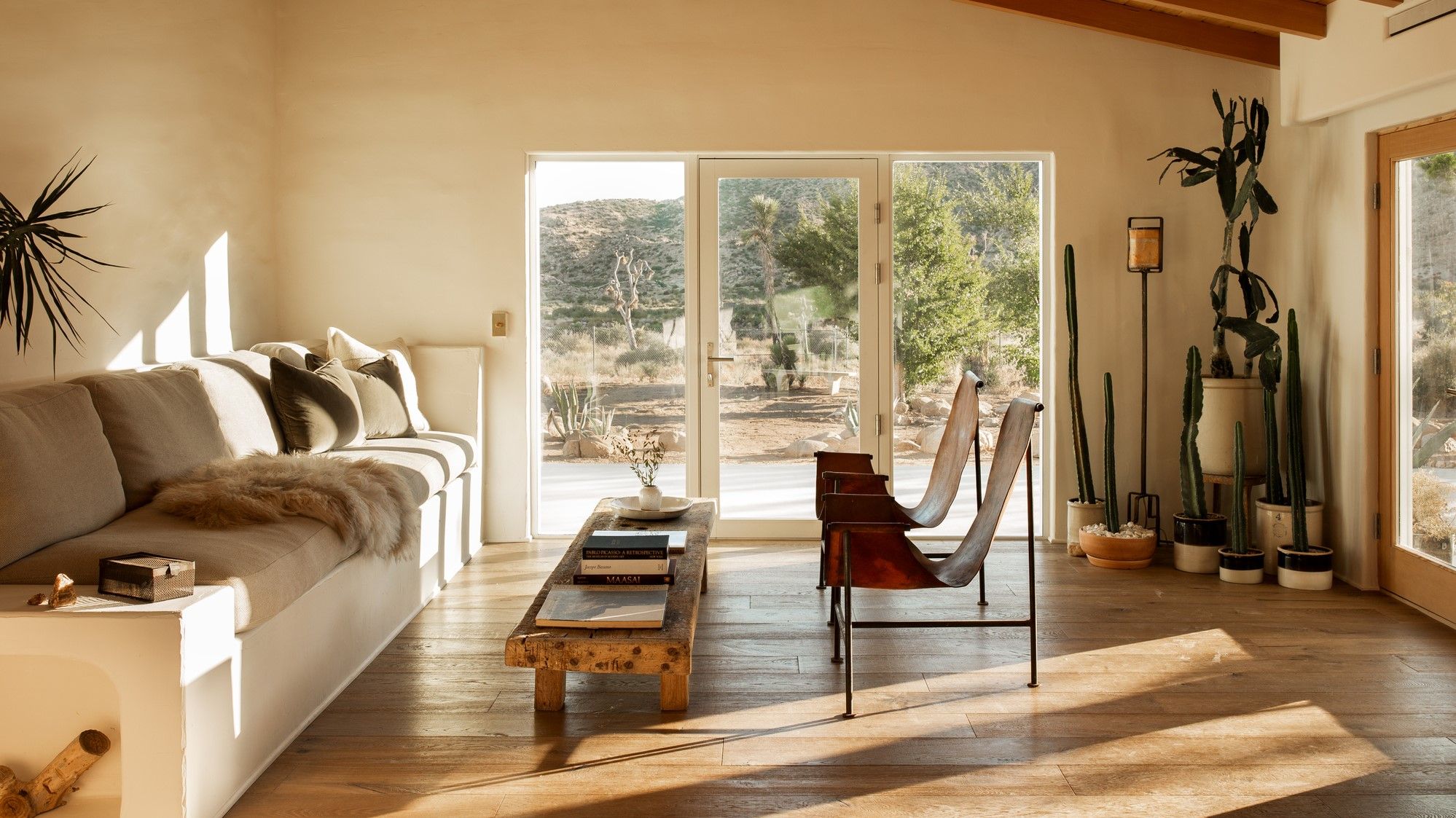 Bright airy earthy living room with natural light