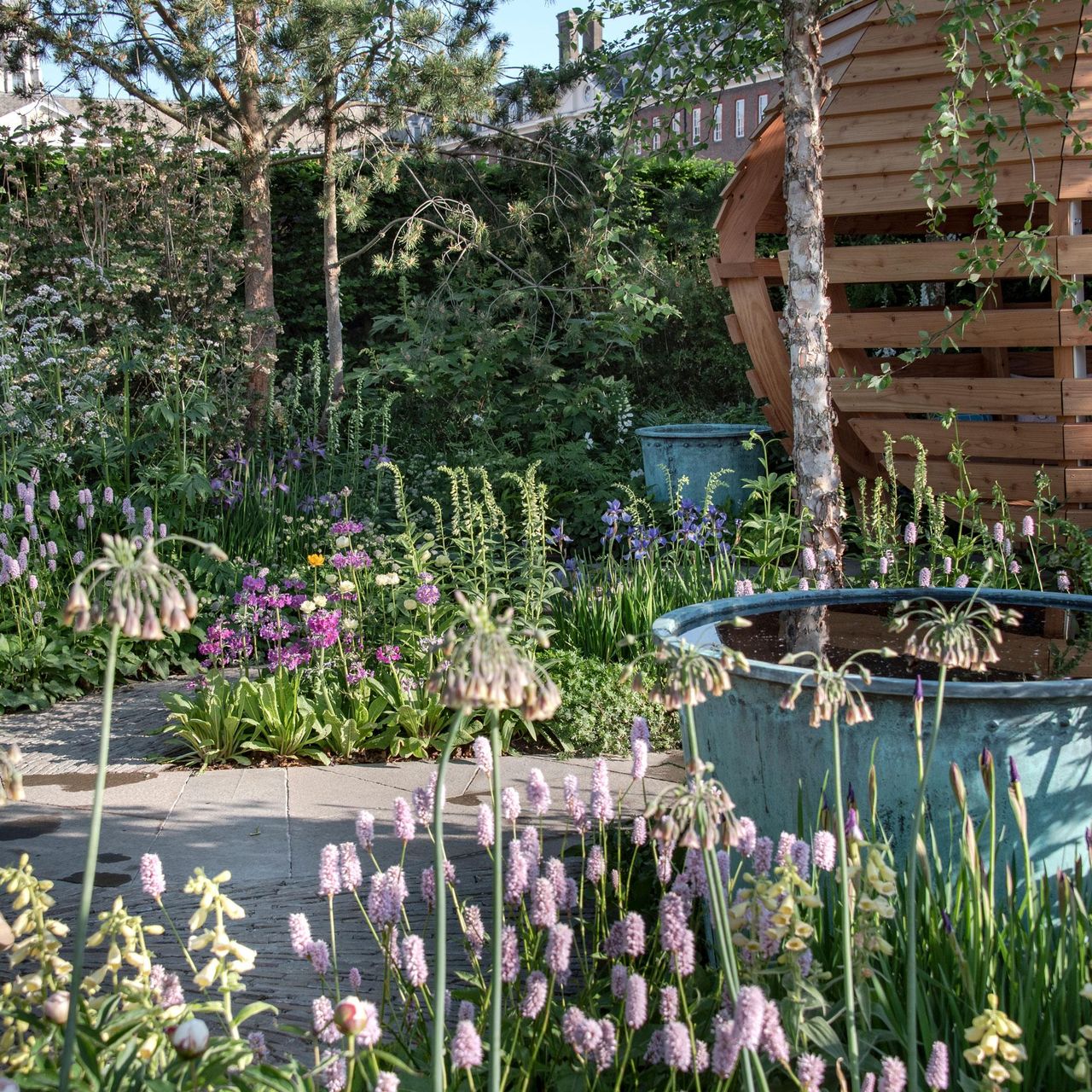 wooden garden studio pod with screening hedge, water feature and planting