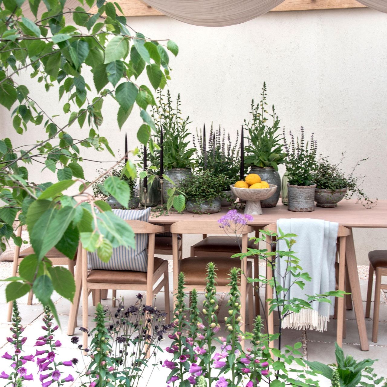 garden terrace with outdoor dining tables and chairs, with accessories such as cushions and throws, pot plants and candlesticks, and foxgloves planted in a flower bed