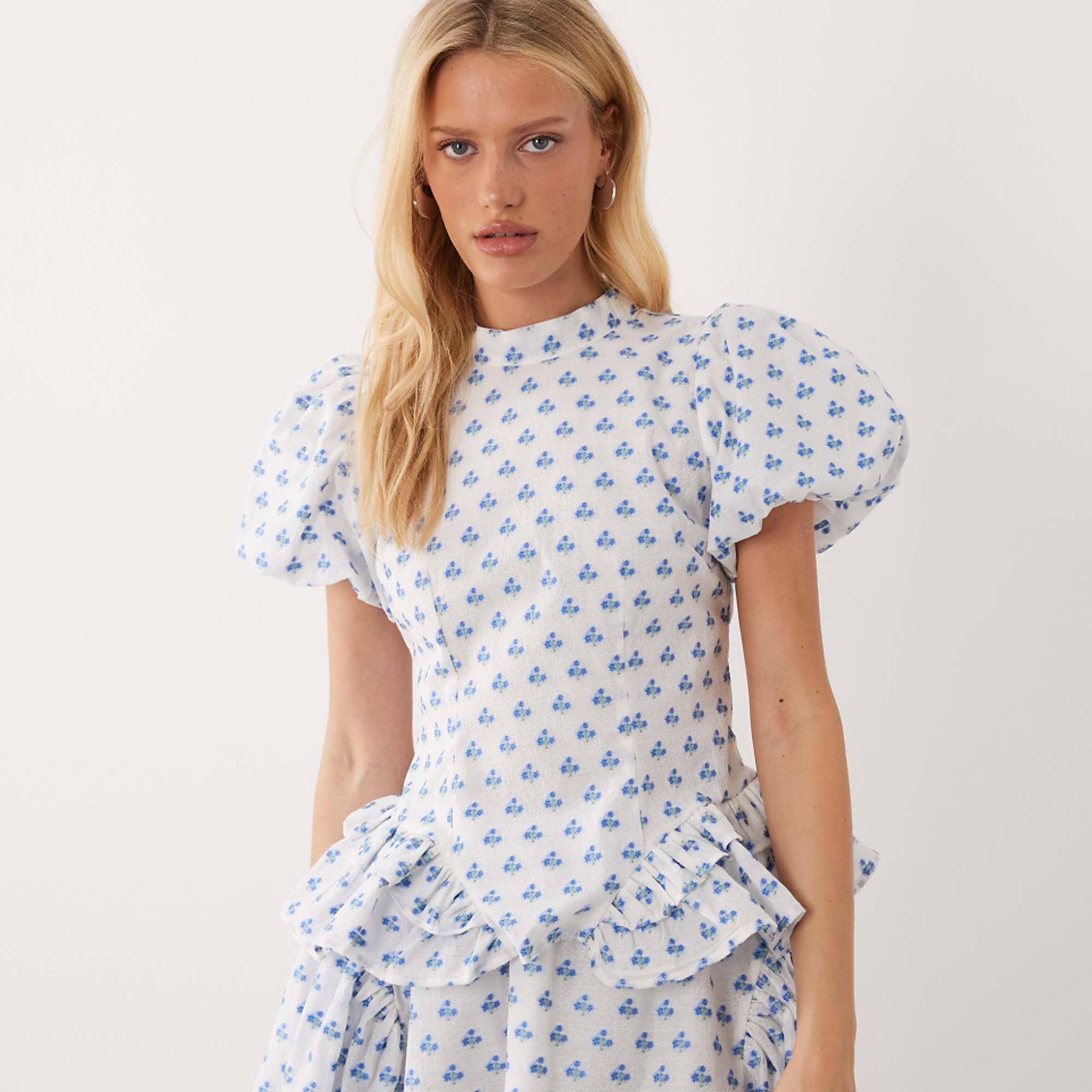 Dream Sister Jane Sea Salt Jacquard Puff Sleeve Ruffle Hem Top Co-Ord in White Polka Dot