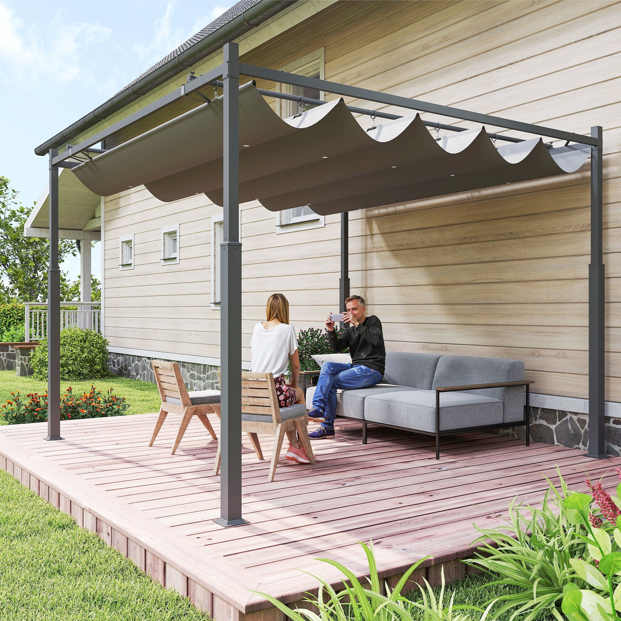3 X 3(m) Pergola With Retractable Roof, 80mm Metal Column, Grey