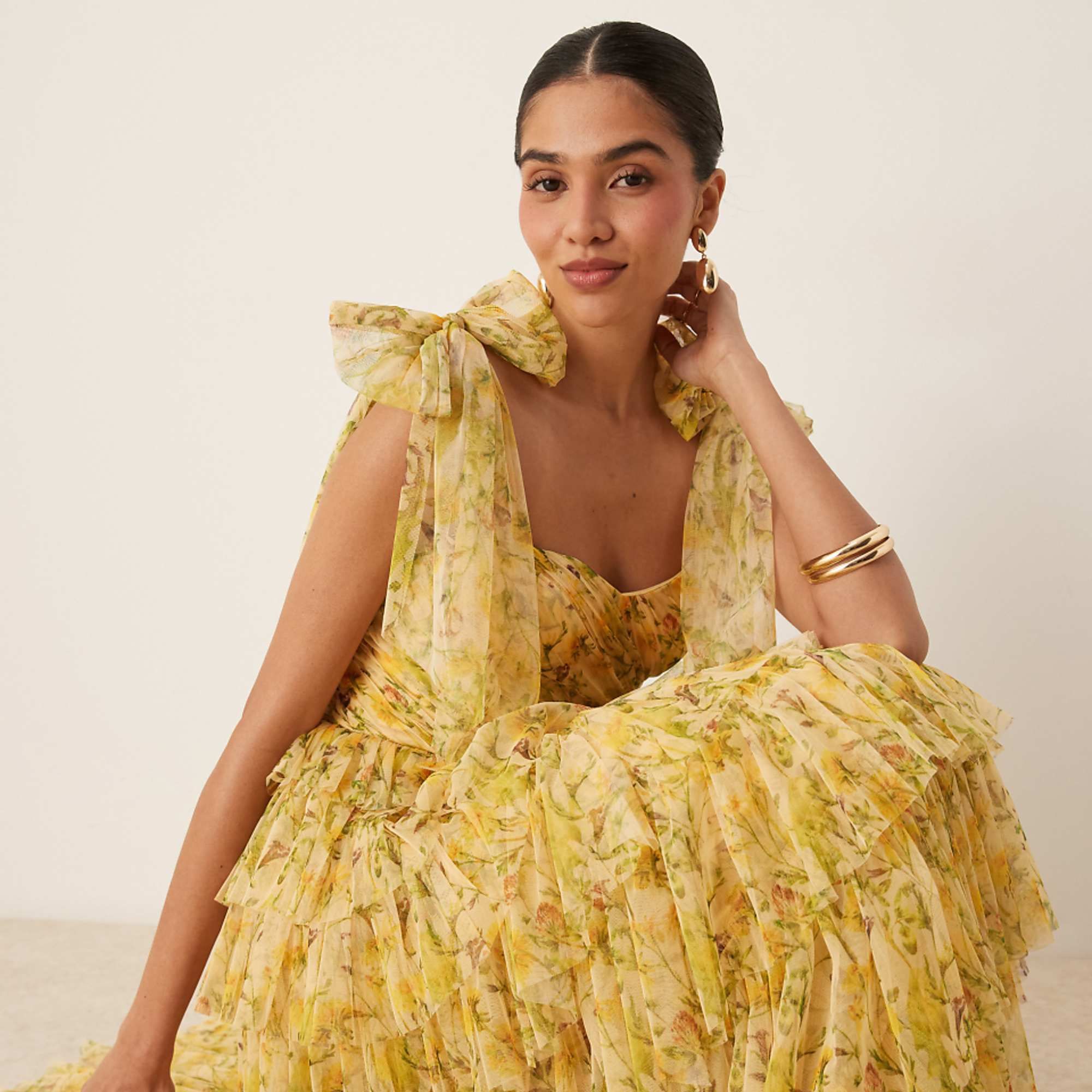 Lace &amp;amp; Beads Bow Shoulder Tiered Tulle Maxi Dress in Yellow Floral