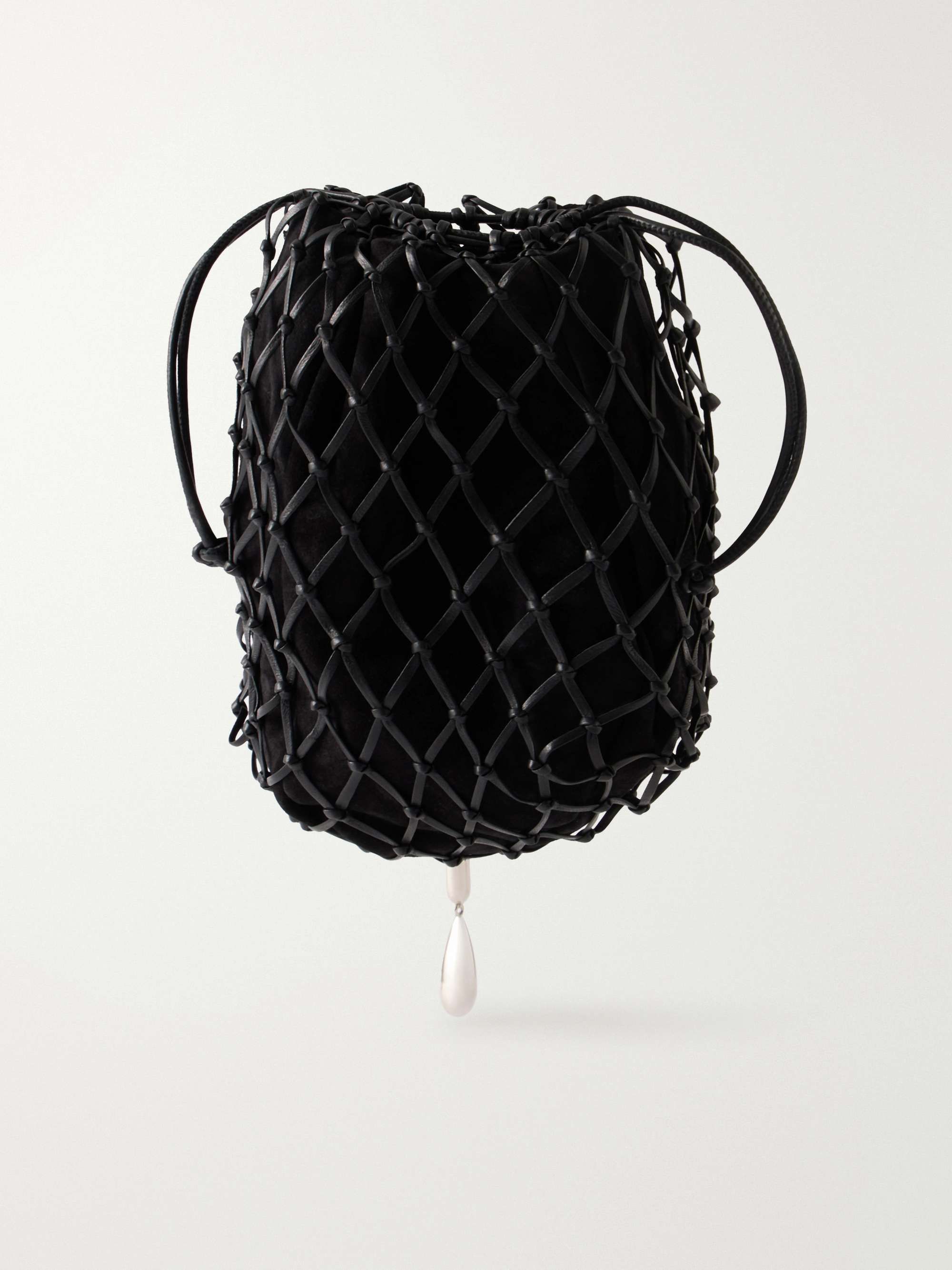Macrame Bead-Embellished Suede-Trimmed Leather Pouch