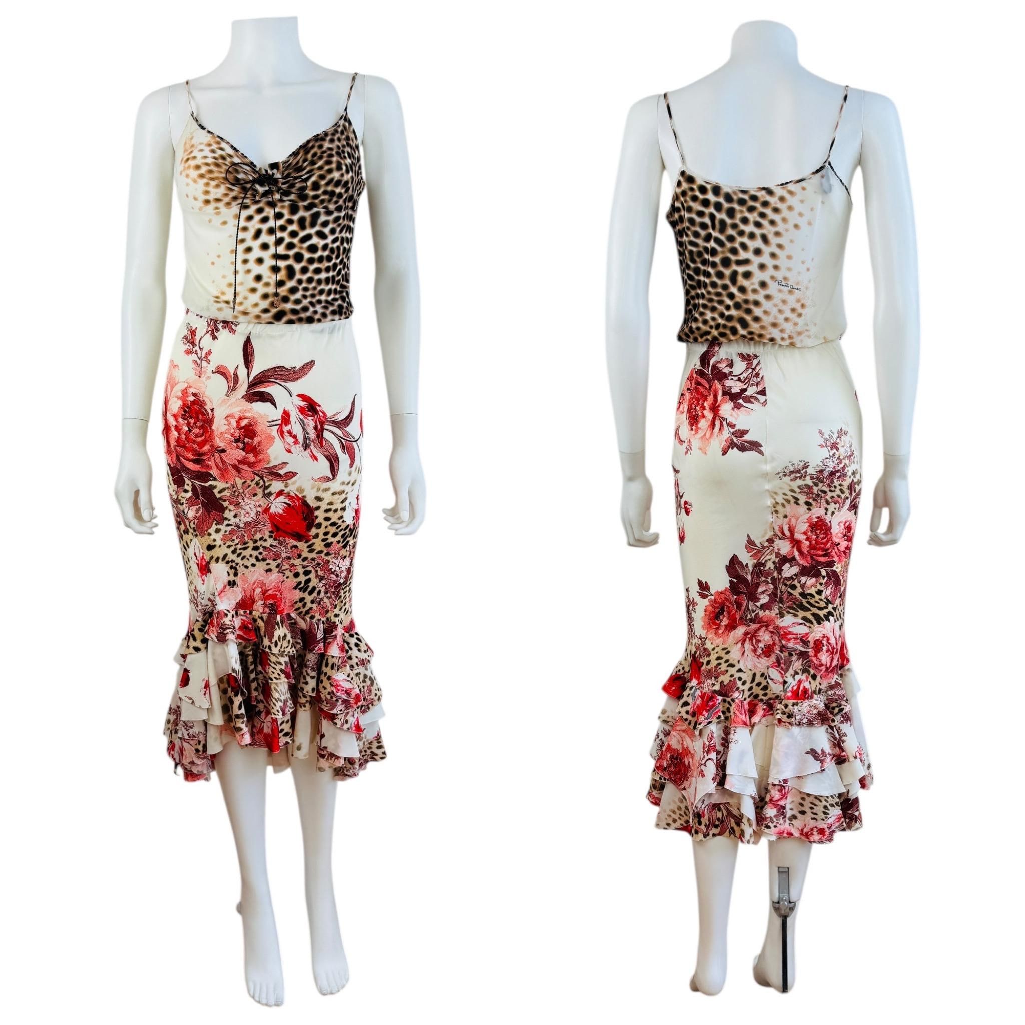 Vintage Roberto Cavalli S/s 2002 Cheetah Animal Print Floral Top + Skirt Set