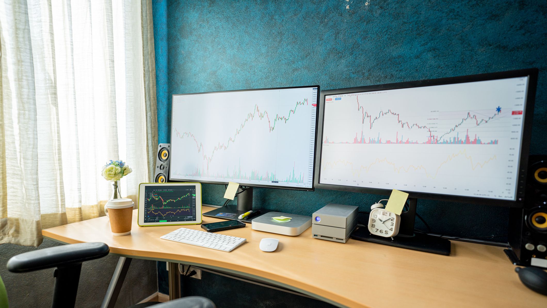 A home office with dual monitors