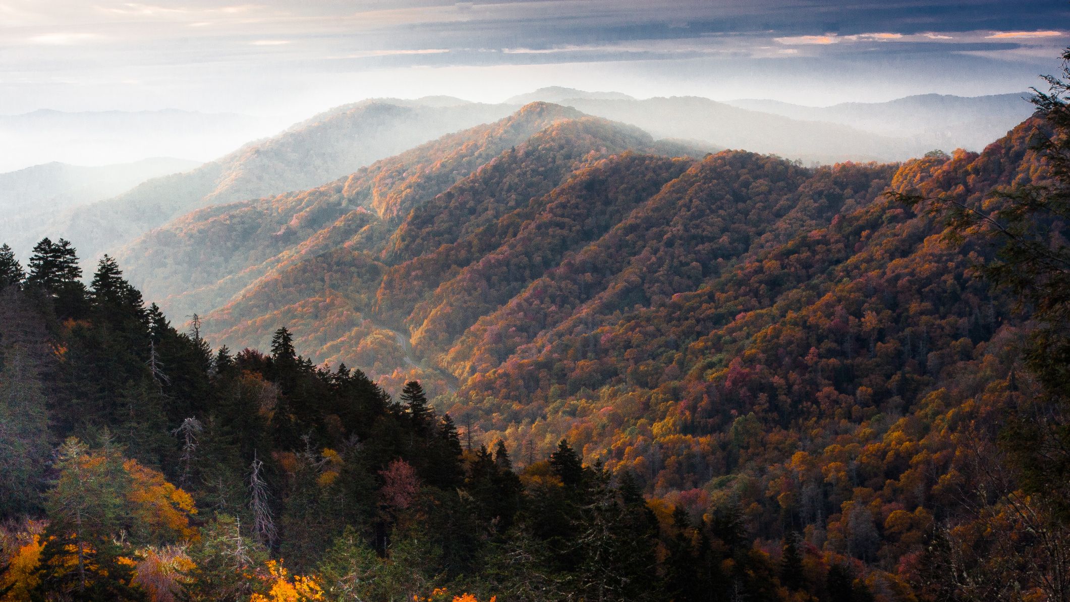 The sun rises on a cool autumn morning in the Great Smoky Mountains National Park.